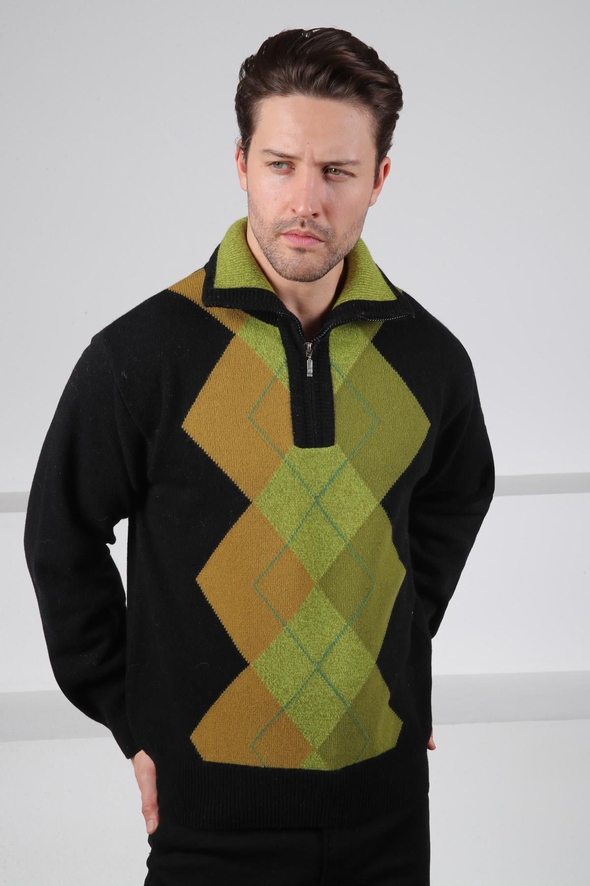 Ferraro Siyah/Yeşil Balıkçı Yaka Fermuarlı Geometrik Zigzag Desenli Uzun Kollu %100 Kuzu Yünü Erkek Triko Kazak