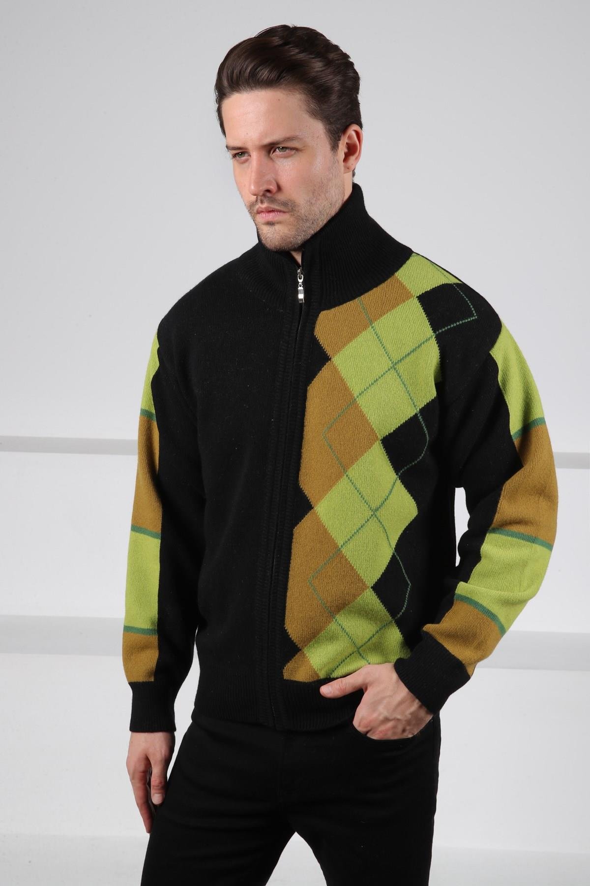 Ferraro Siyah/Yeşil Balıkçı Yaka Fermuarlı Diyagonal Desenli Uzun Kollu %100 Kuzu Yünü Erkek Triko Ceket