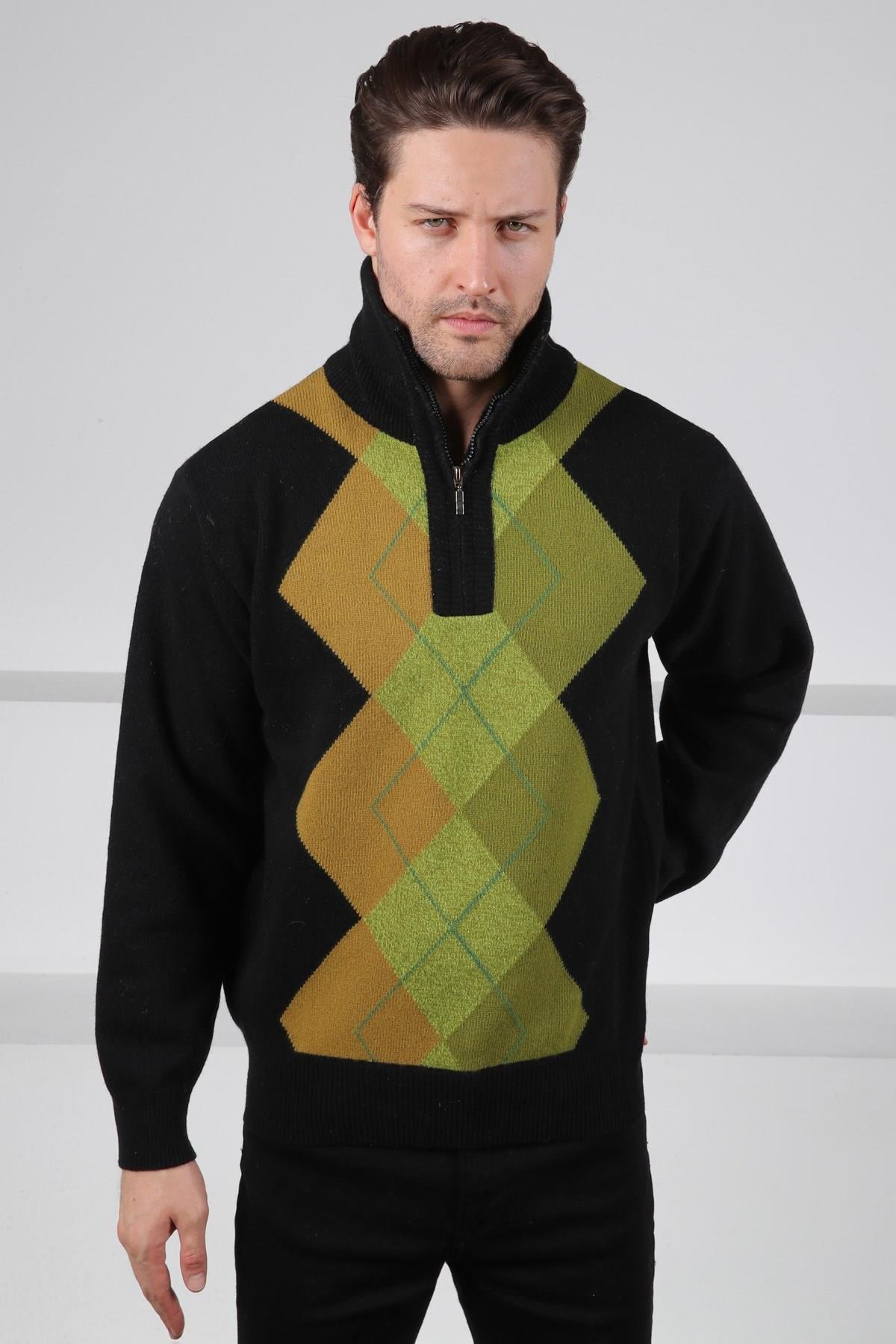 Ferraro Siyah/Yeşil Balıkçı Yaka Fermuarlı Geometrik Zigzag Desenli Uzun Kollu %100 Kuzu Yünü Erkek Triko Kazak