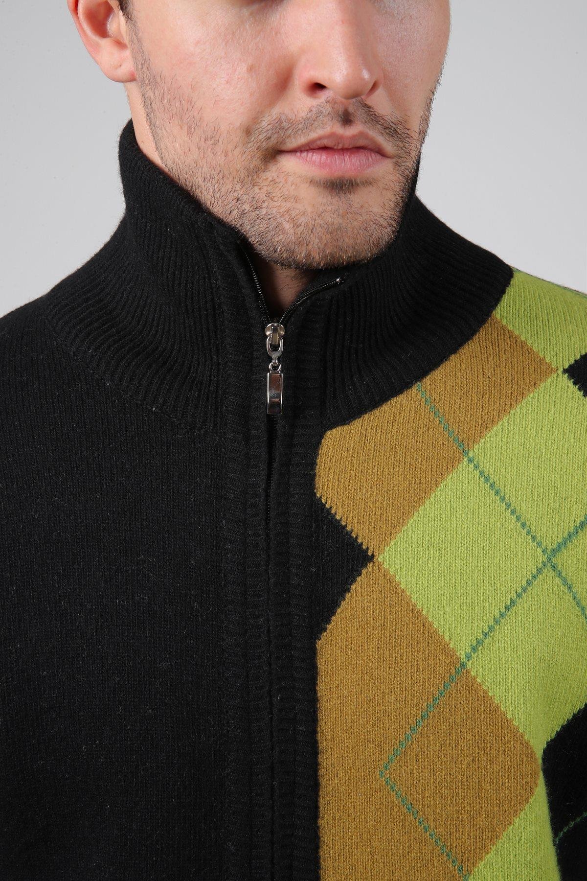 Ferraro Siyah/Yeşil Balıkçı Yaka Fermuarlı Diyagonal Desenli Uzun Kollu %100 Kuzu Yünü Erkek Triko Ceket