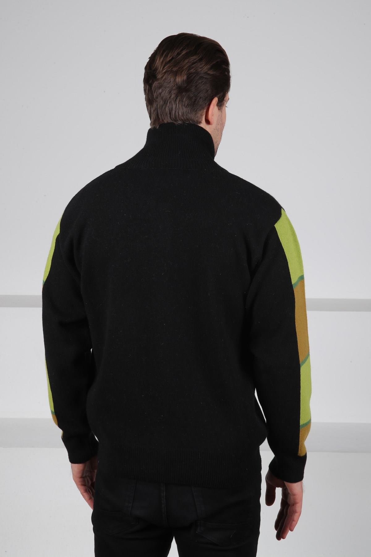 Ferraro Siyah/Yeşil Balıkçı Yaka Fermuarlı Diyagonal Desenli Uzun Kollu %100 Kuzu Yünü Erkek Triko Ceket