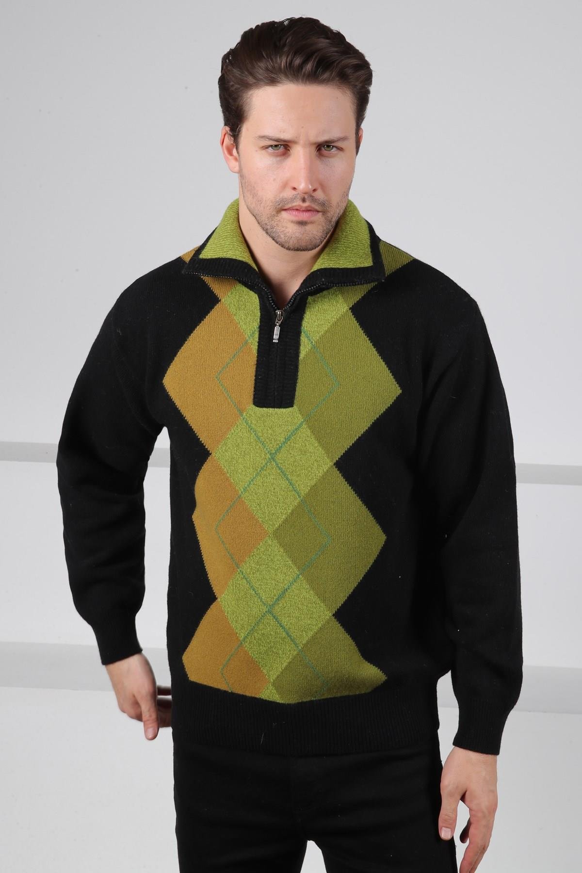 Ferraro Siyah/Yeşil Balıkçı Yaka Fermuarlı Geometrik Zigzag Desenli Uzun Kollu %100 Kuzu Yünü Erkek Triko Kazak