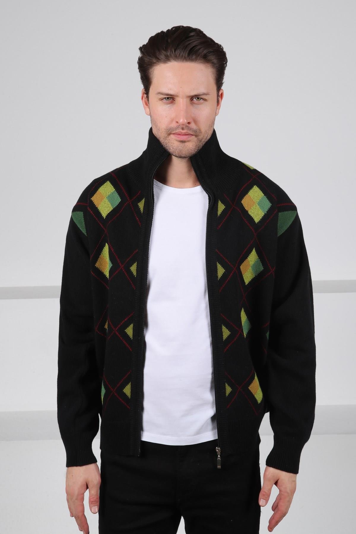 Ferraro Siyah/Yeşil Balıkçı Yaka Fermuarlı Yeşil Baklava Desenli Uzun Kollu %100 Kuzu Yünü Erkek Triko Ceket