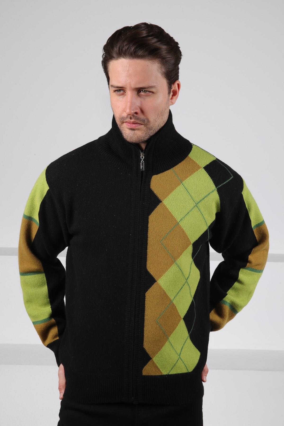 Ferraro Siyah/Yeşil Balıkçı Yaka Fermuarlı Diyagonal Desenli Uzun Kollu %100 Kuzu Yünü Erkek Triko Ceket