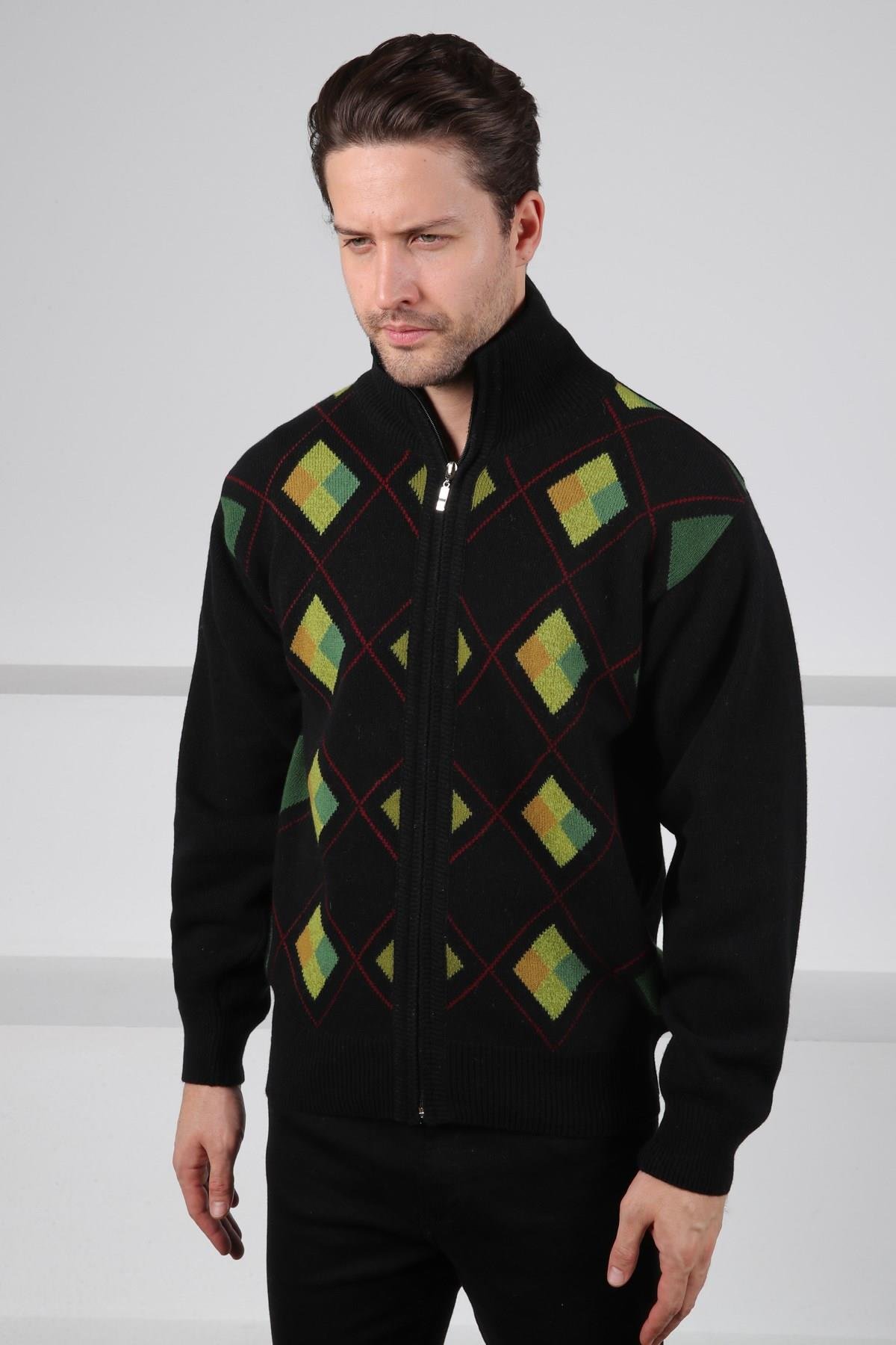 Ferraro Siyah/Yeşil Balıkçı Yaka Fermuarlı Yeşil Baklava Desenli Uzun Kollu %100 Kuzu Yünü Erkek Triko Ceket