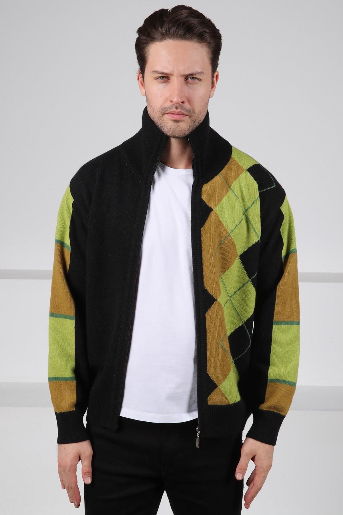 Ferraro Siyah/Yeşil Balıkçı Yaka Fermuarlı Diyagonal Desenli Uzun Kollu %100 Kuzu Yünü Erkek Triko Ceket