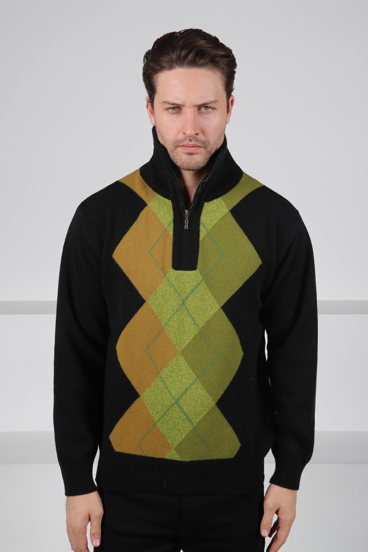 Ferraro Siyah/Yeşil Balıkçı Yaka Fermuarlı Geometrik Zigzag Desenli Uzun Kollu %100 Kuzu Yünü Erkek Triko Kazak