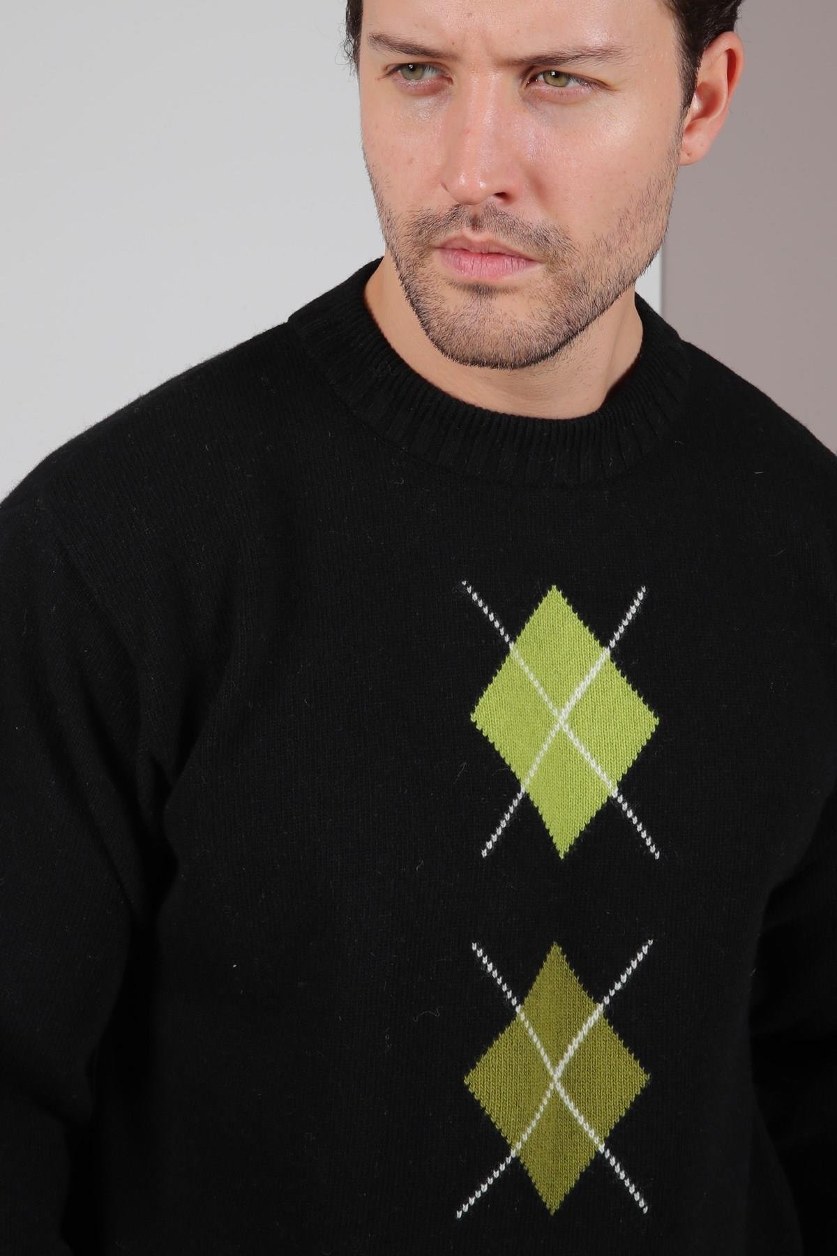 Ferraro Siyah/Yeşil Bisiklet Yaka Yeşil Hardal Desenli Uzun Kollu %100 Kuzu Yünü Erkek Triko Kazak