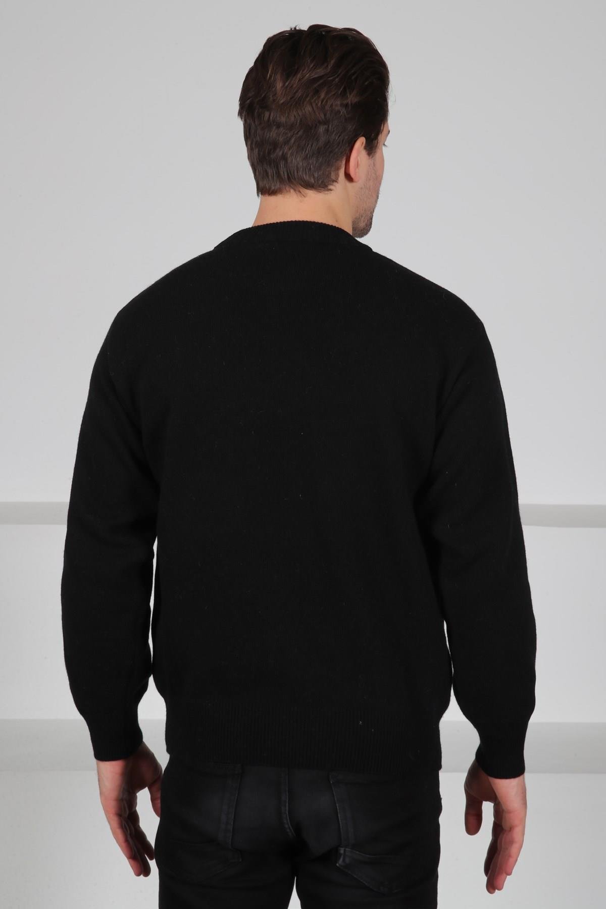 Ferraro Siyah/Yeşil Bisiklet Yaka Yeşil Hardal Desenli Uzun Kollu %100 Kuzu Yünü Erkek Triko Kazak