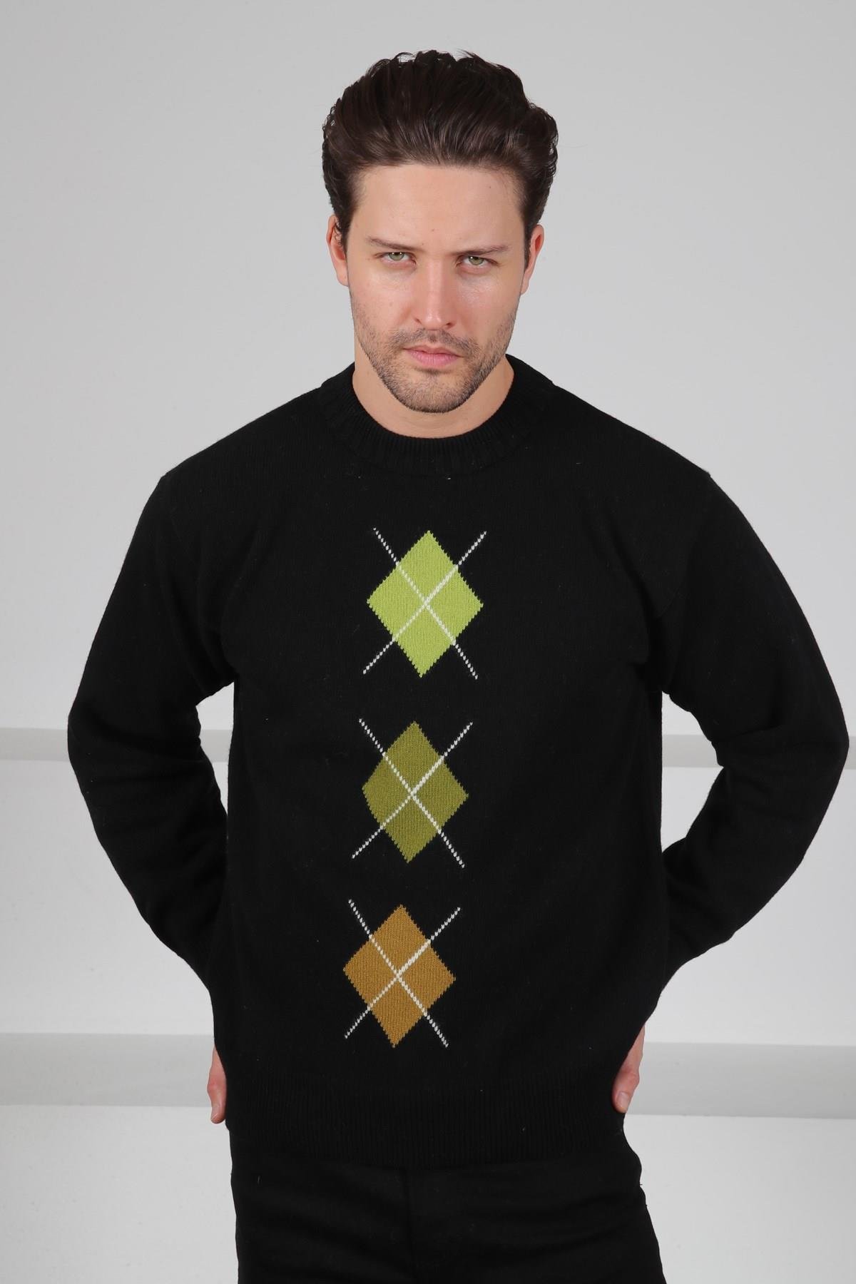 Ferraro Siyah/Yeşil Bisiklet Yaka Yeşil Hardal Desenli Uzun Kollu %100 Kuzu Yünü Erkek Triko Kazak