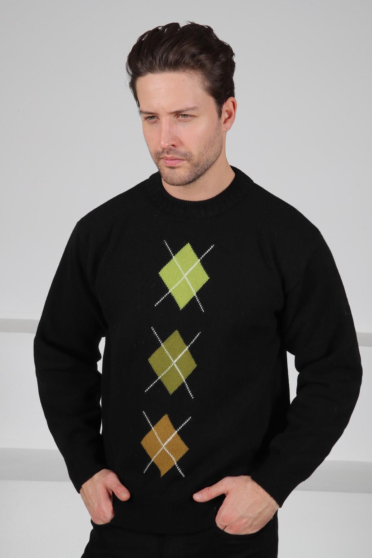 Ferraro Siyah/Yeşil Bisiklet Yaka Yeşil Hardal Desenli Uzun Kollu %100 Kuzu Yünü Erkek Triko Kazak