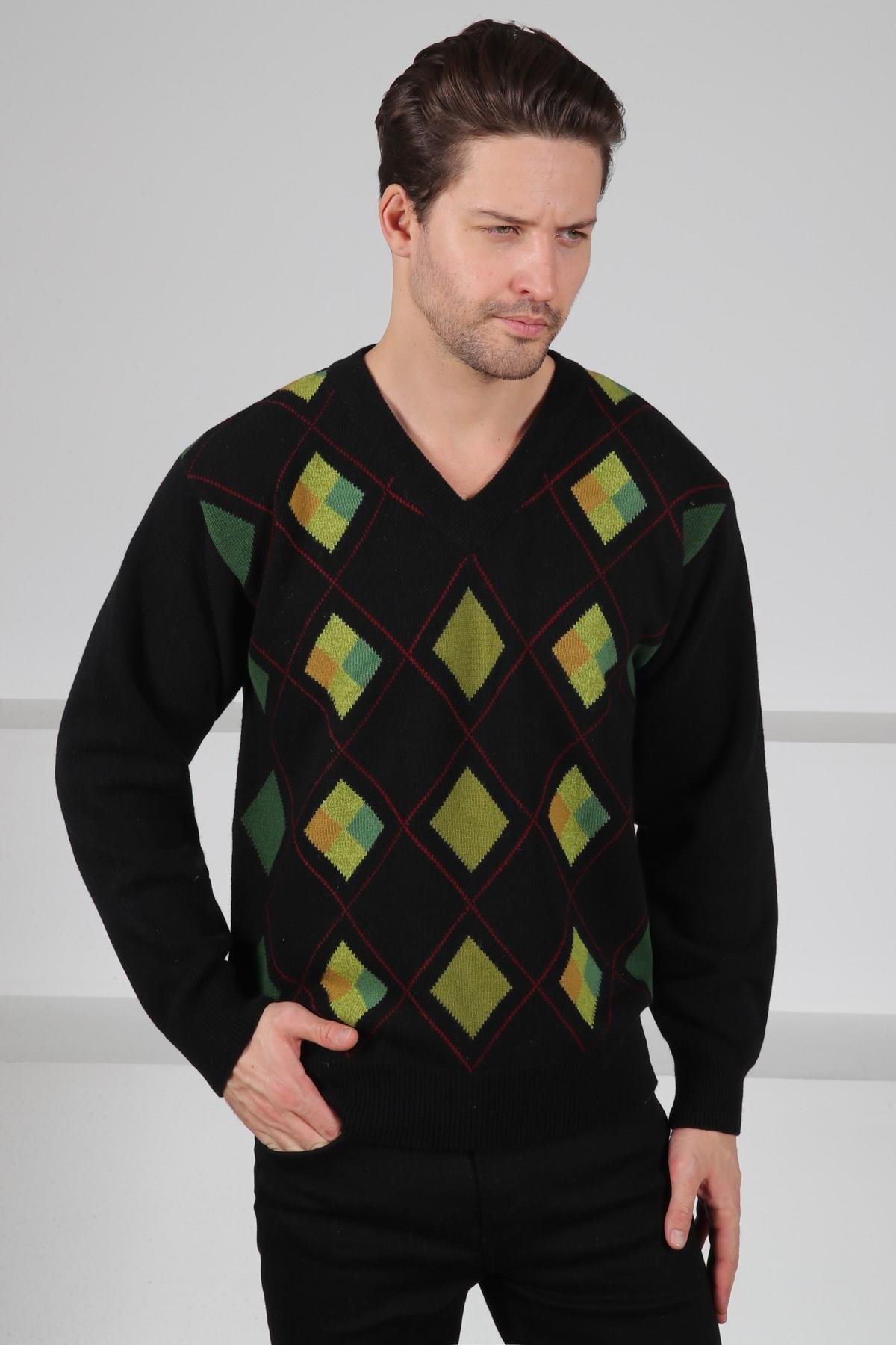 Ferraro Siyah/Yeşil V Yaka Yeşil Baklava Desenli Uzun Kollu %100 Kuzu Yünü Erkek Triko Kazak