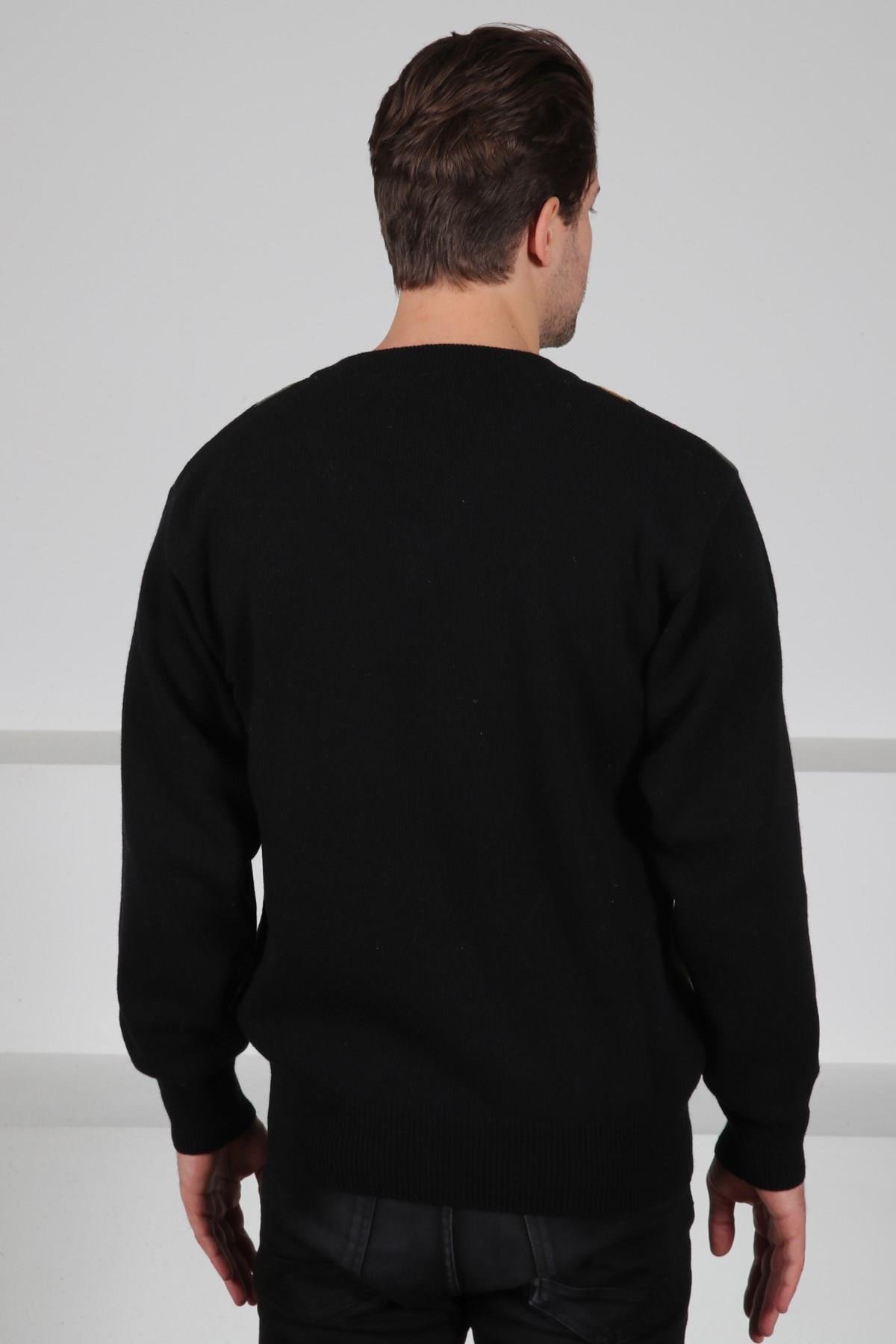 Ferraro Siyah/Yeşil V Yaka Yeşil Baklava Desenli Uzun Kollu %100 Kuzu Yünü Erkek Triko Kazak