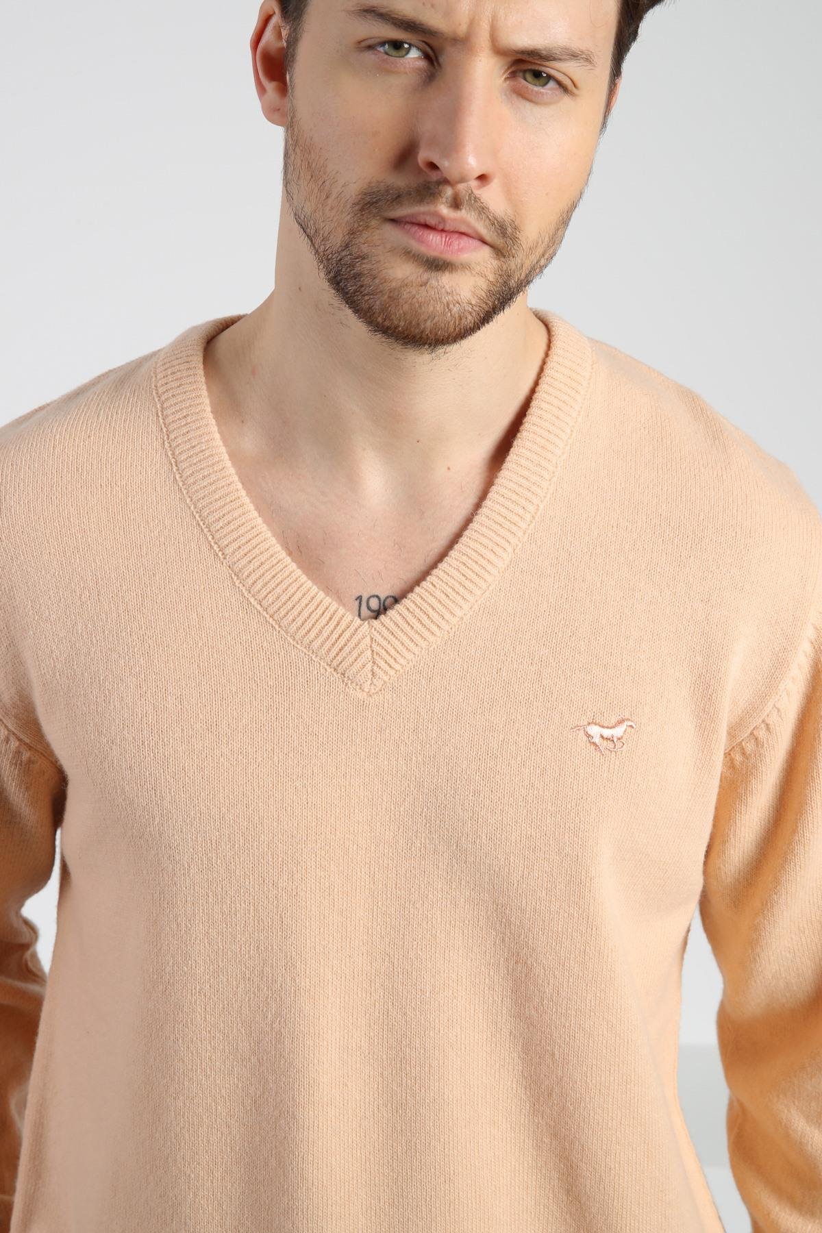 Ferraro Somon V Yaka Erkek Uzun Kollu %100 Kuzu Yünü Triko Kazak