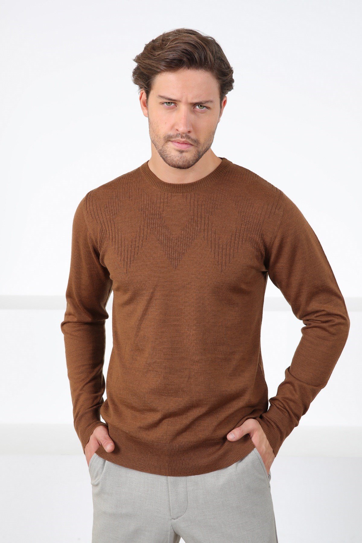 Ferraro Taba Bisiklet Yaka Superfine Erkek Triko Kazak