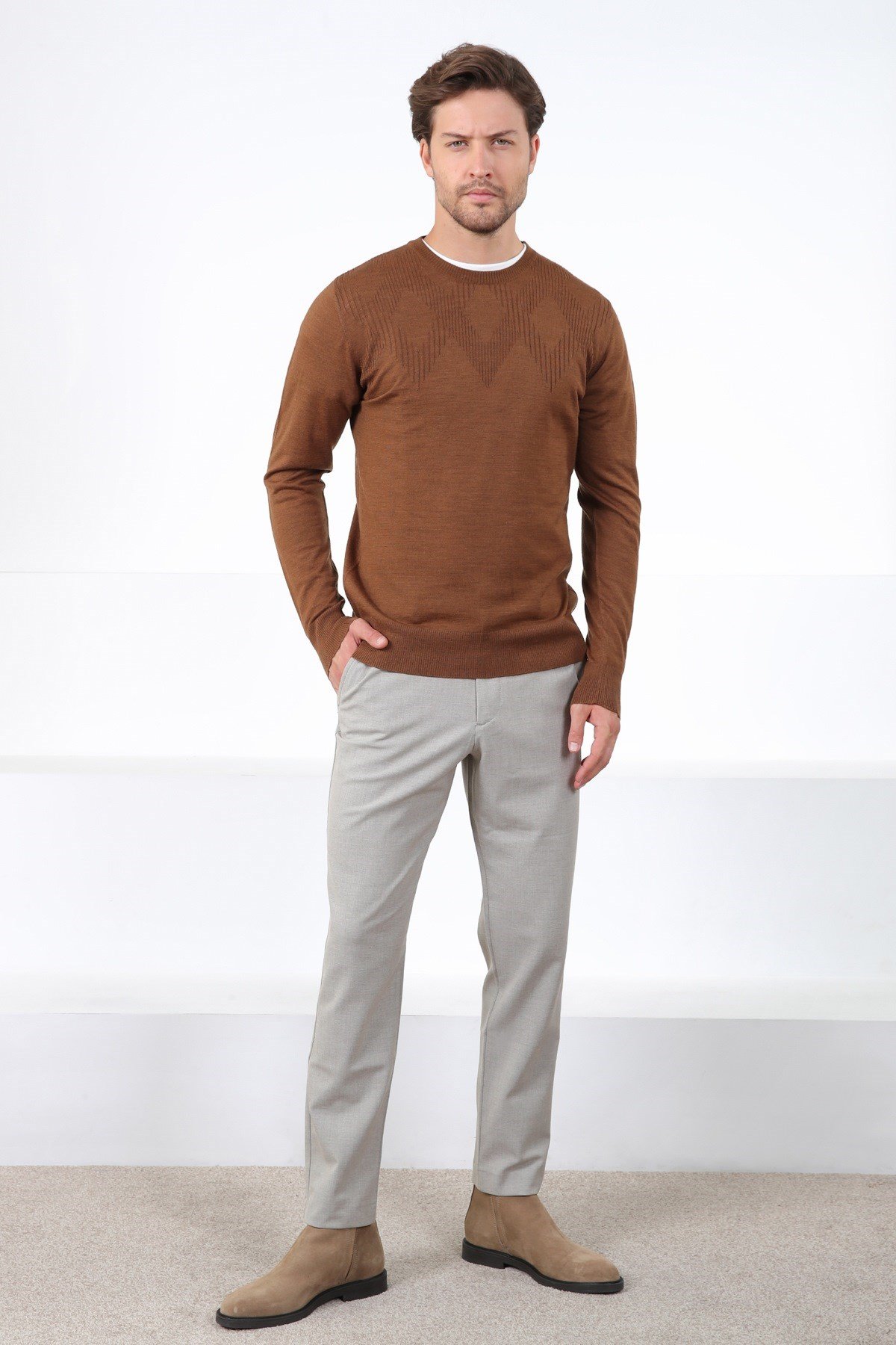 Ferraro Taba Bisiklet Yaka Superfine Erkek Triko Kazak