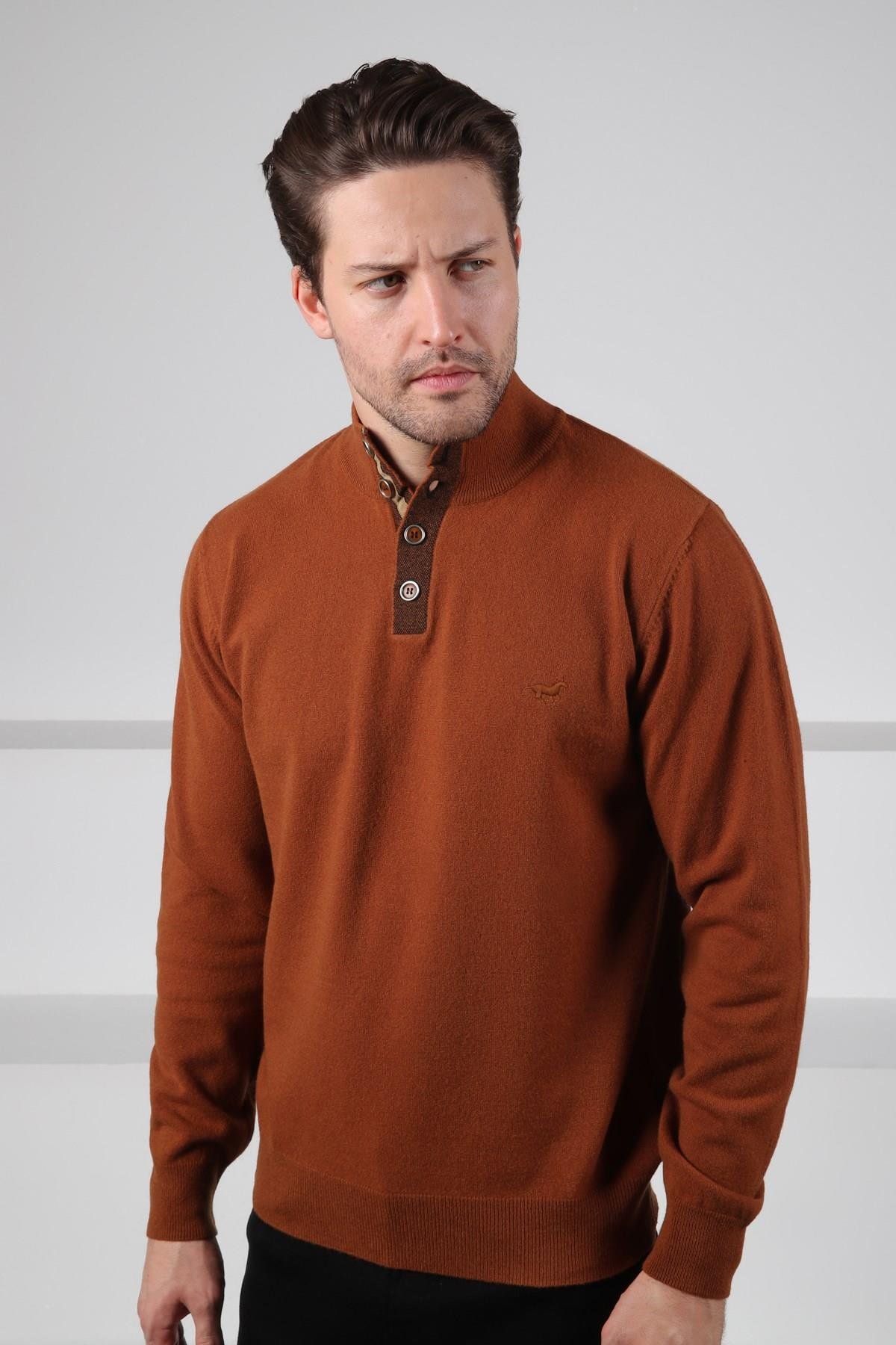 Ferraro Taba Düğmeli Yarım Balıkçı Yaka Uzun Kollu %100 Kuzu Yünü Erkek Triko Kazak