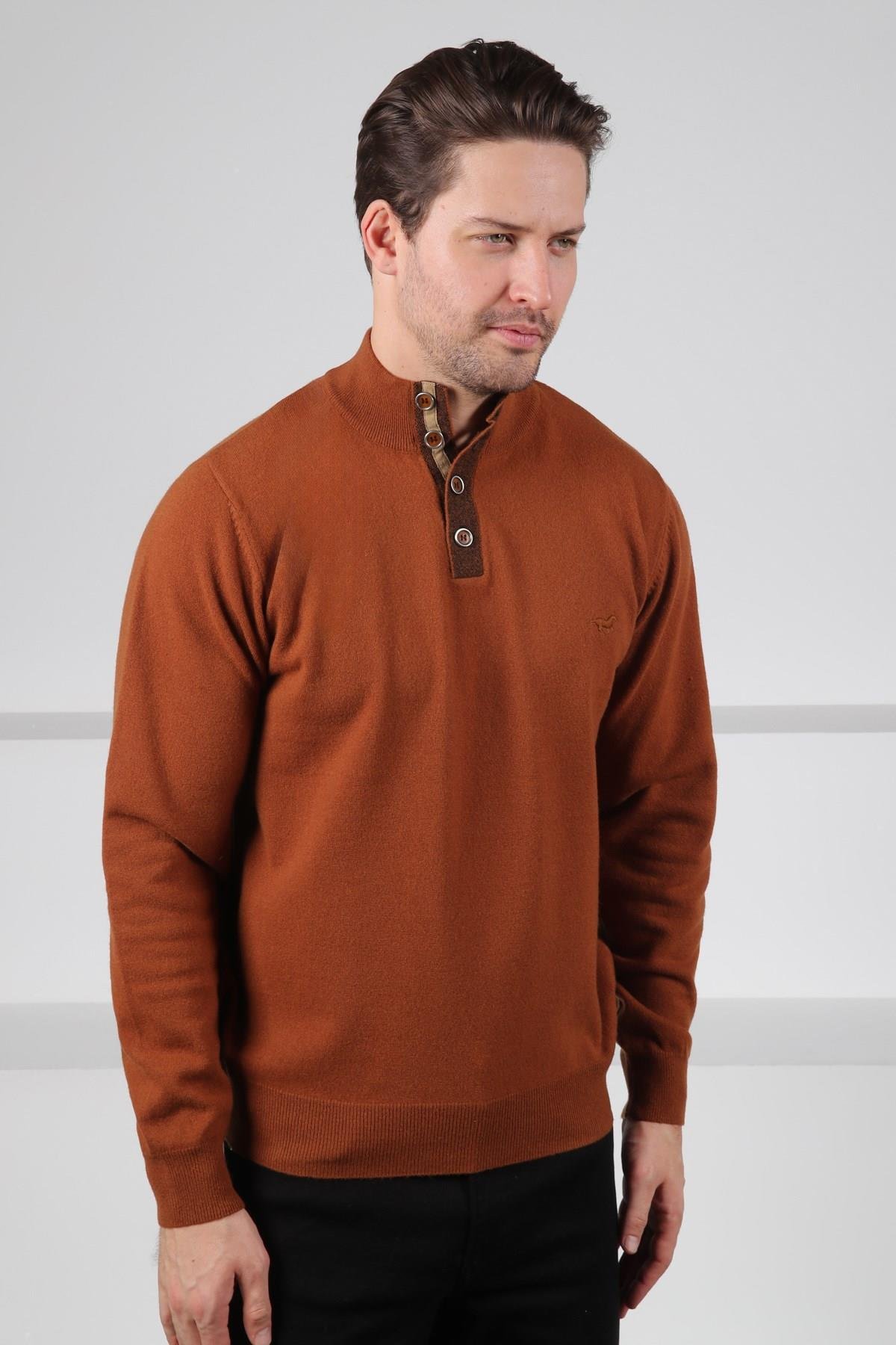 Ferraro Taba Düğmeli Yarım Balıkçı Yaka Uzun Kollu %100 Kuzu Yünü Erkek Triko Kazak
