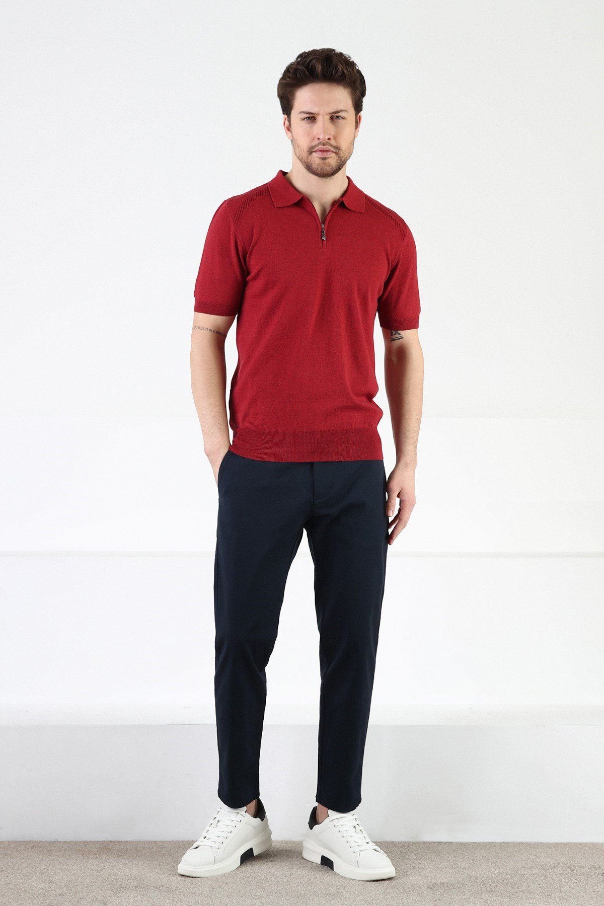 Ferraro Tarçın Fermuarlı Polo Yaka %100 Pamuk Erkek Triko T-Shirt