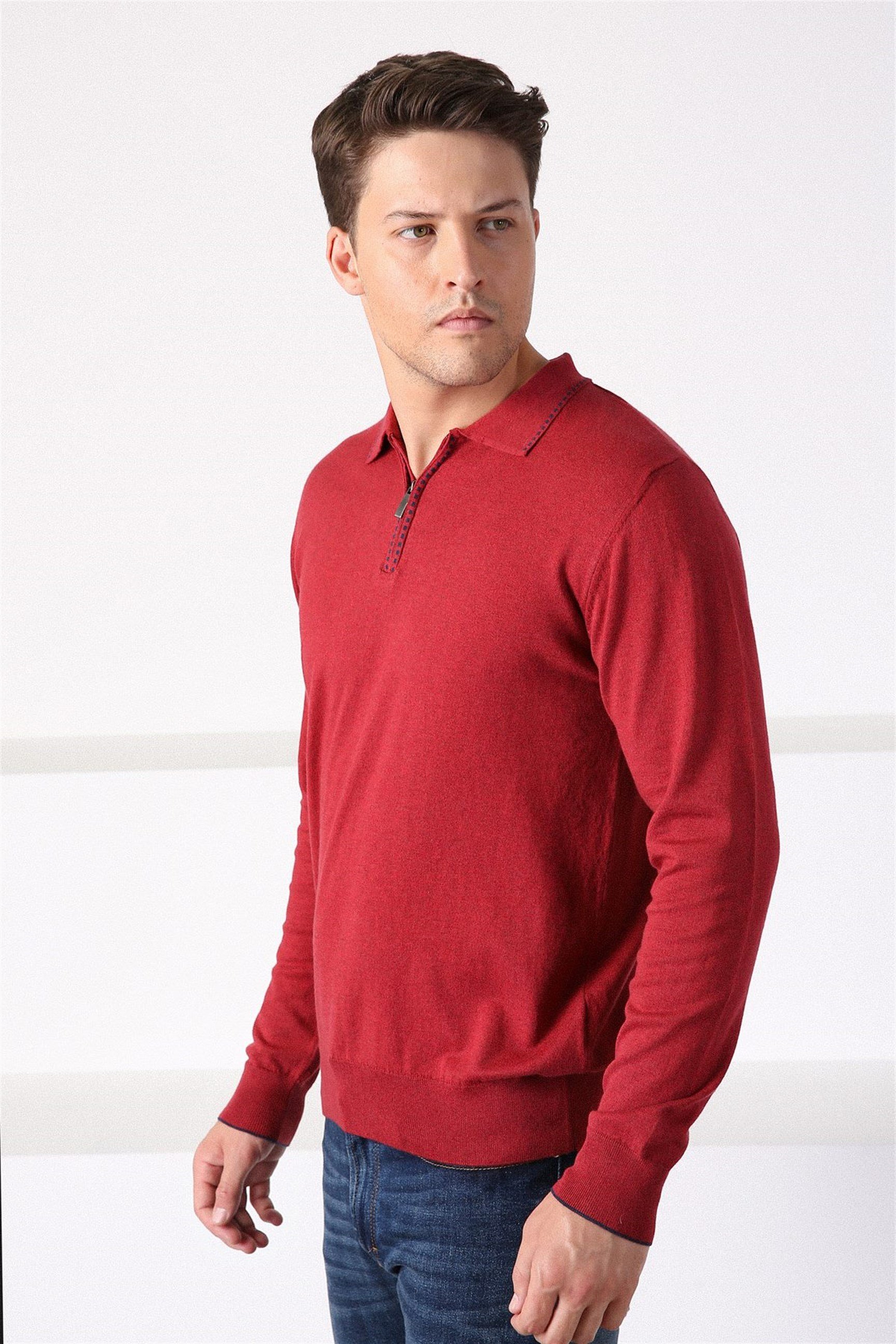 Ferraro Tarçın Polo Yaka Fermuarlı Erkek Pamuk Kazak