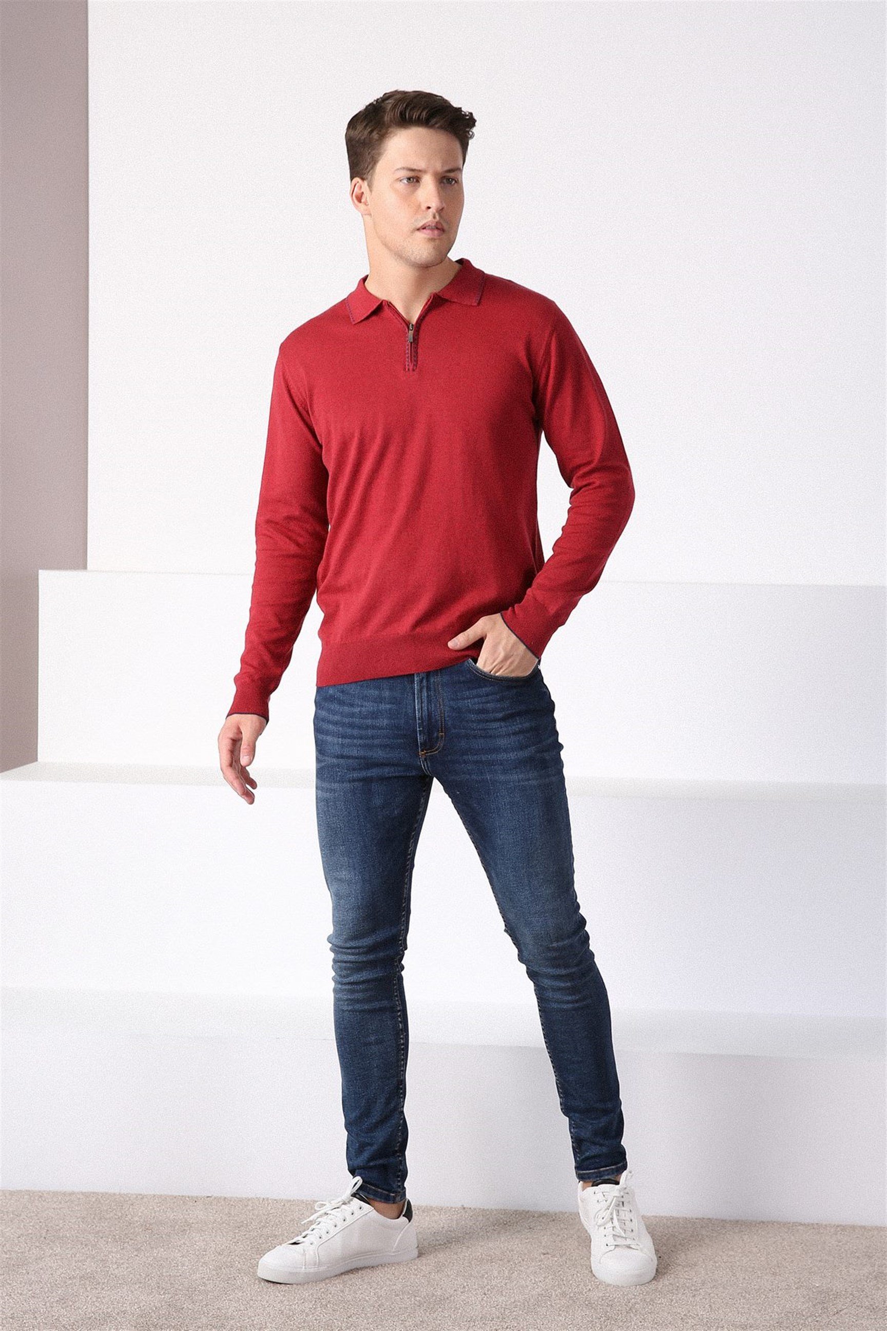 Ferraro Tarçın Polo Yaka Fermuarlı Erkek Pamuk Kazak