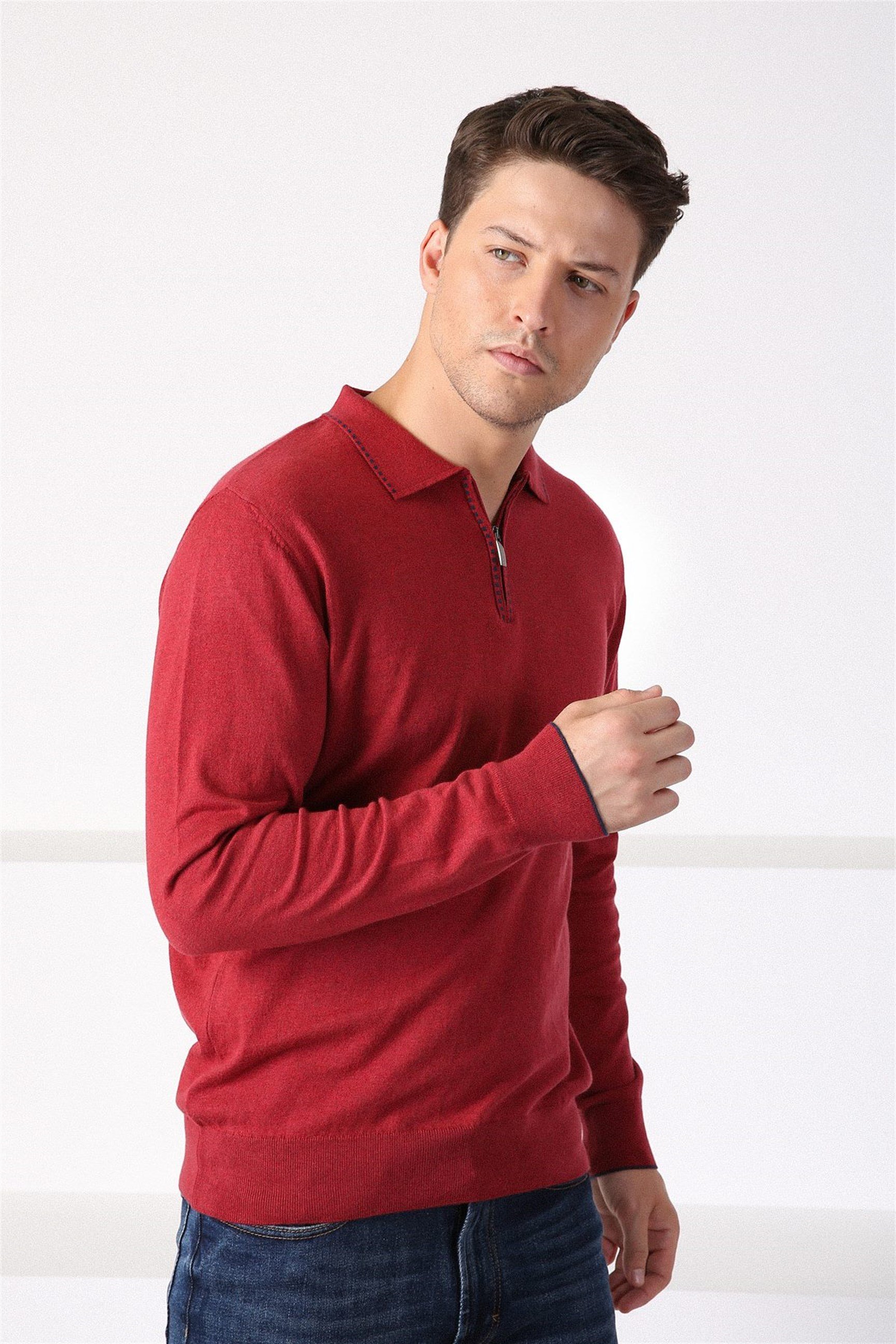 Ferraro Tarçın Polo Yaka Fermuarlı Erkek Pamuk Kazak