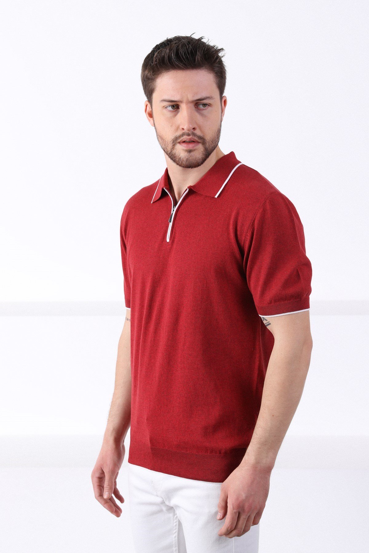 Ferraro Tarçın Yaka Şerit Fermuarlı Erkek Pamuk Triko T-Shirt