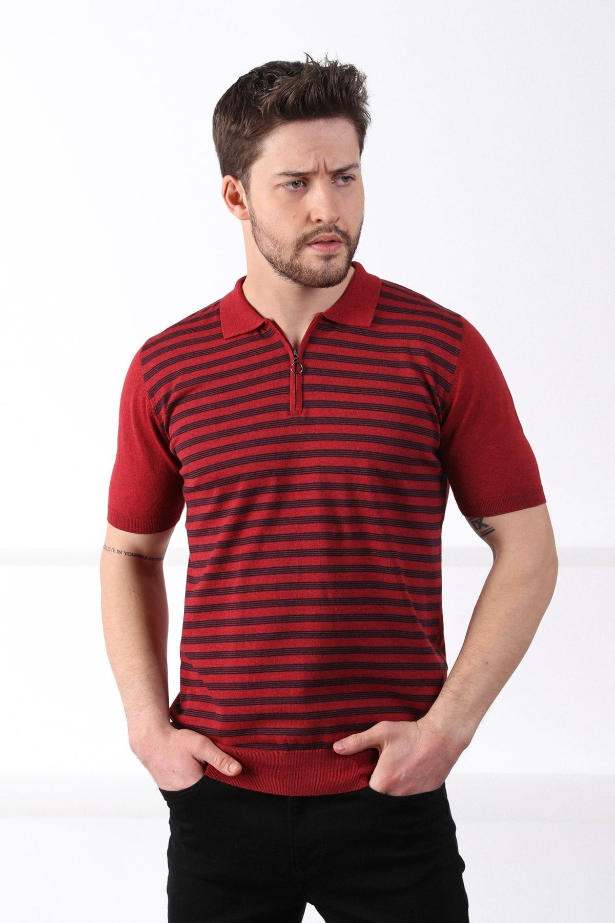 Ferraro Tarçın/Laci Polo Yaka Fermuarlı Erkek Pamuk Triko T-Shirt