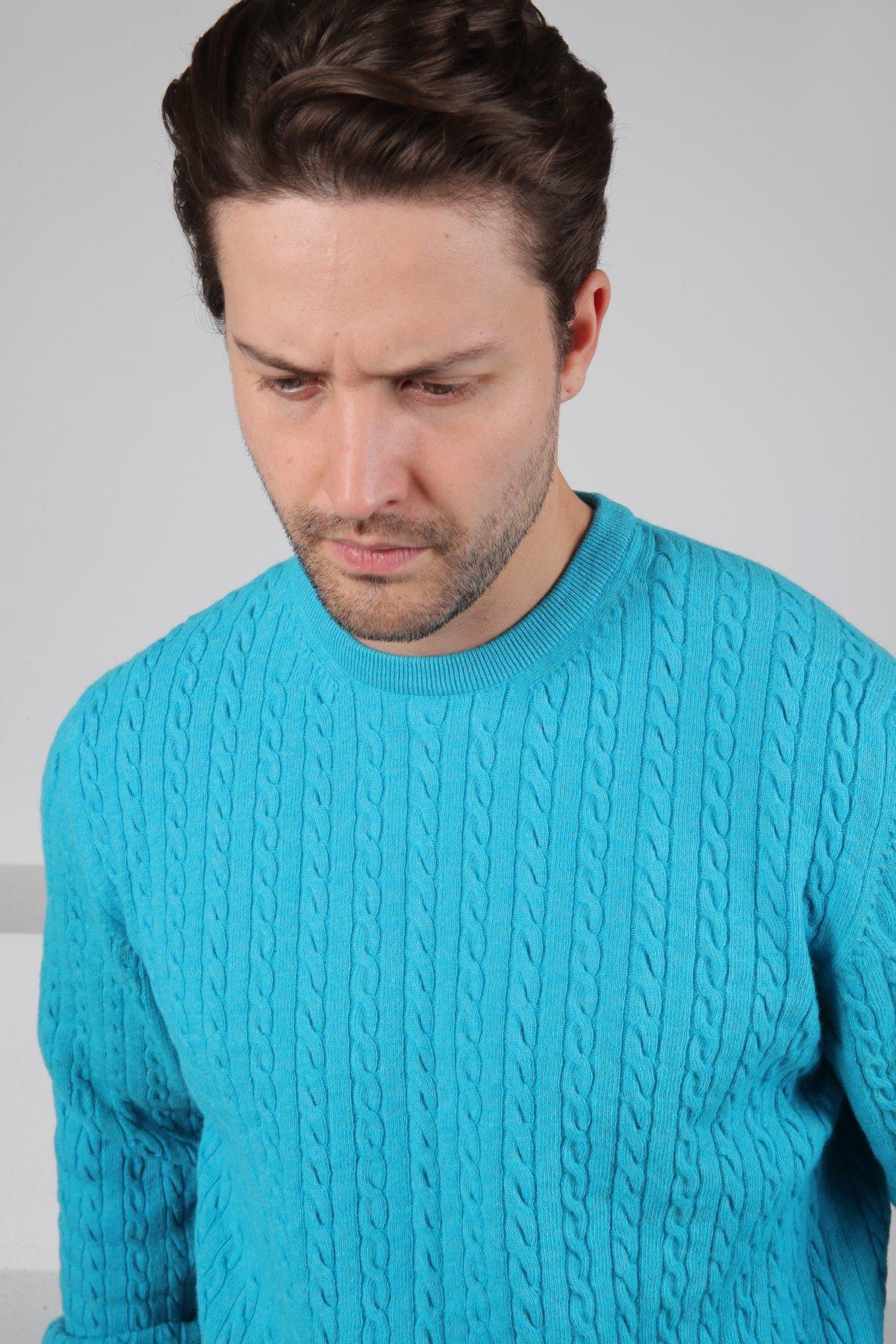 Ferraro Turkuaz Bisiklet Yaka Kabartmalı Saç Örgü Desenli Uzun Kollu %100 Kuzu Yünü Erkek Triko Kazak
