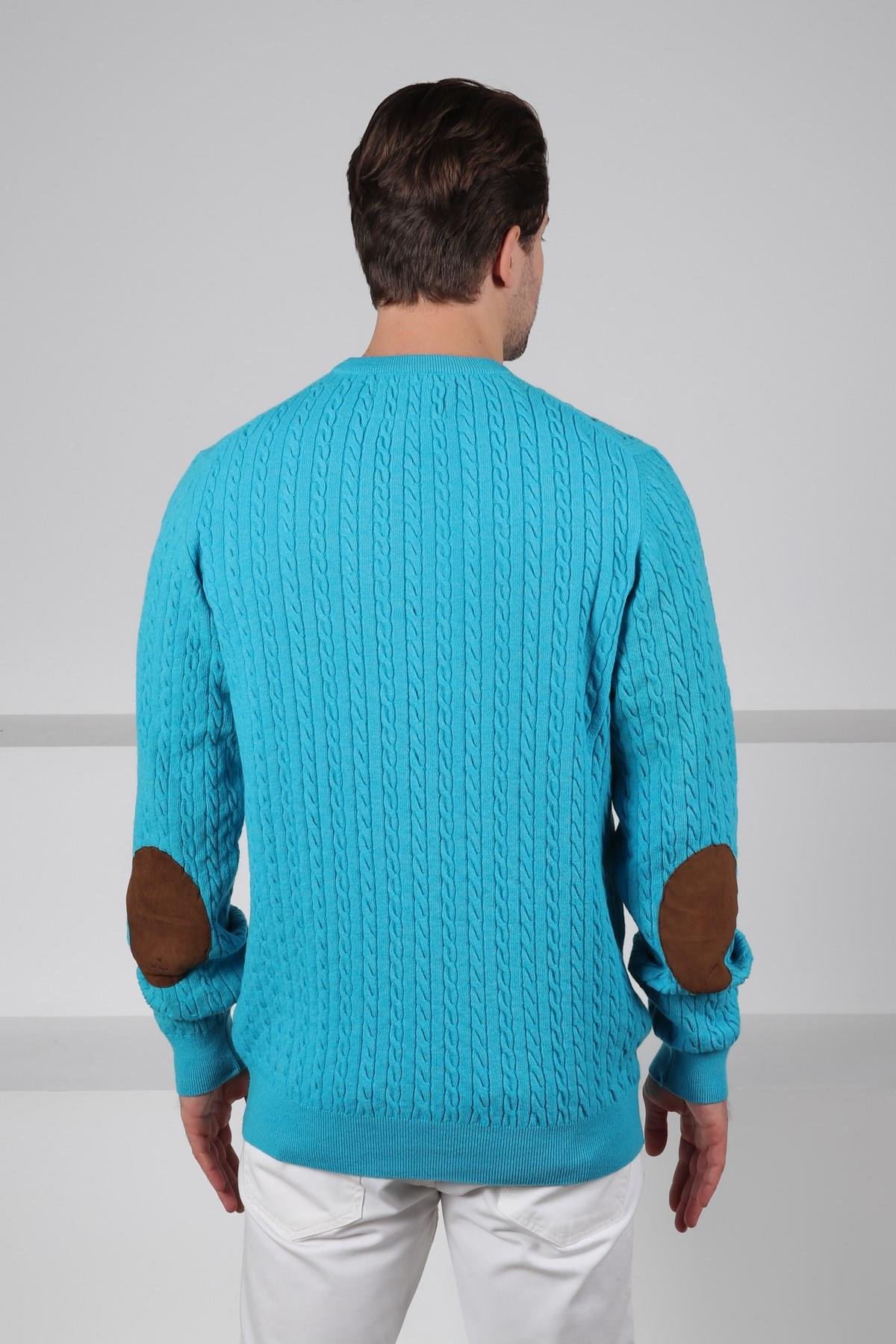 Ferraro Turkuaz Bisiklet Yaka Kabartmalı Saç Örgü Desenli Uzun Kollu %100 Kuzu Yünü Erkek Triko Kazak