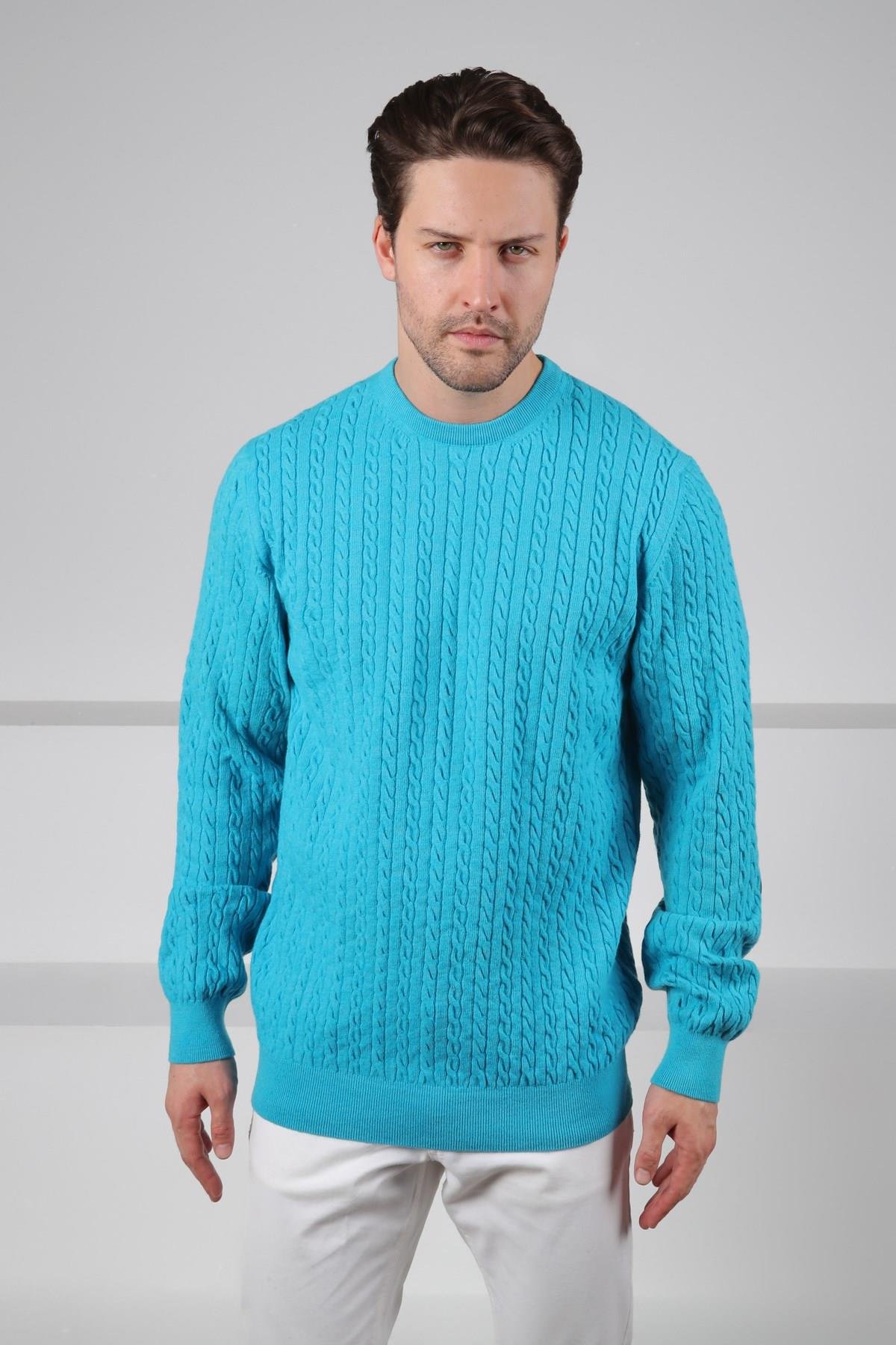 Ferraro Turkuaz Bisiklet Yaka Kabartmalı Saç Örgü Desenli Uzun Kollu %100 Kuzu Yünü Erkek Triko Kazak