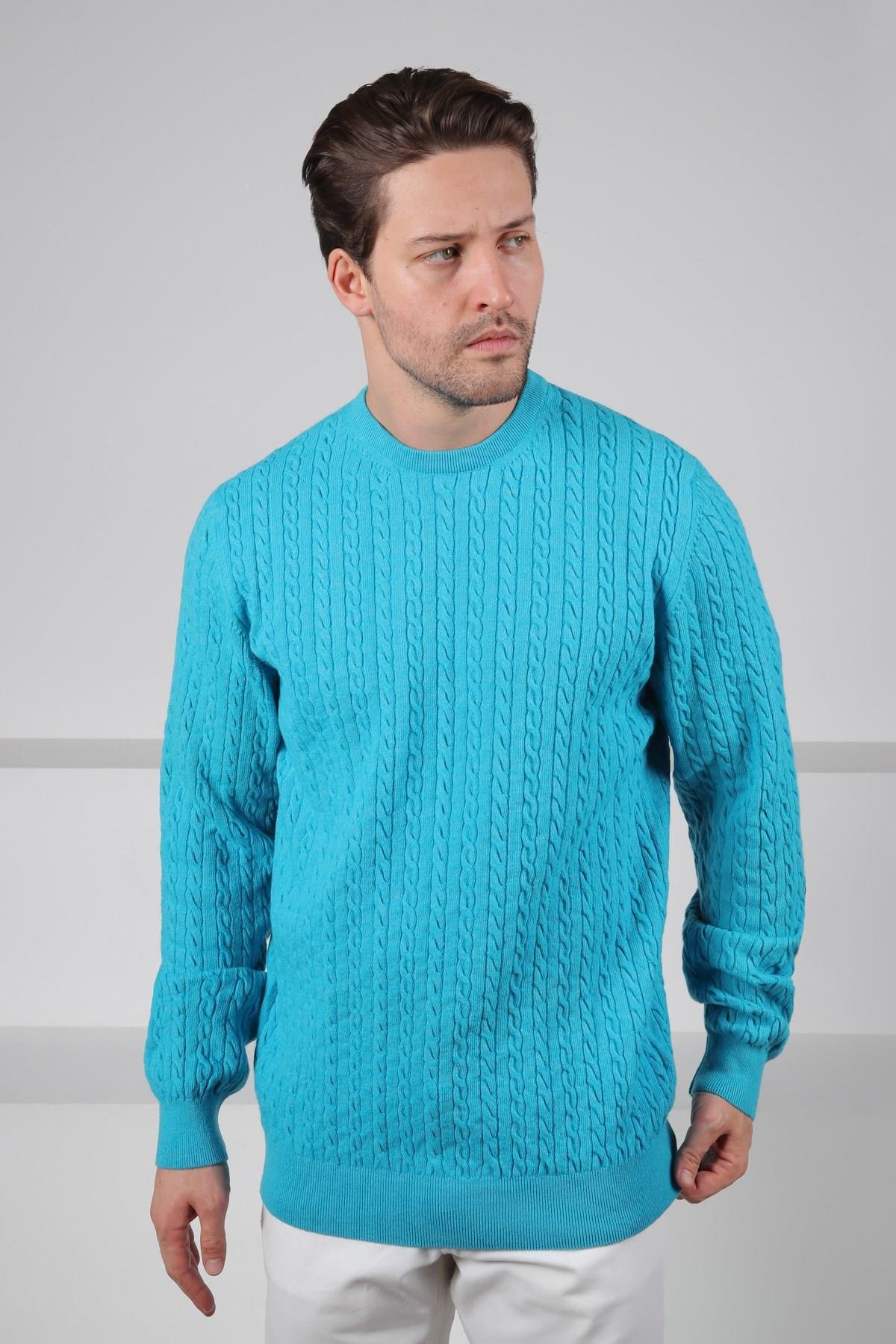 Ferraro Turkuaz Bisiklet Yaka Kabartmalı Saç Örgü Desenli Uzun Kollu %100 Kuzu Yünü Erkek Triko Kazak