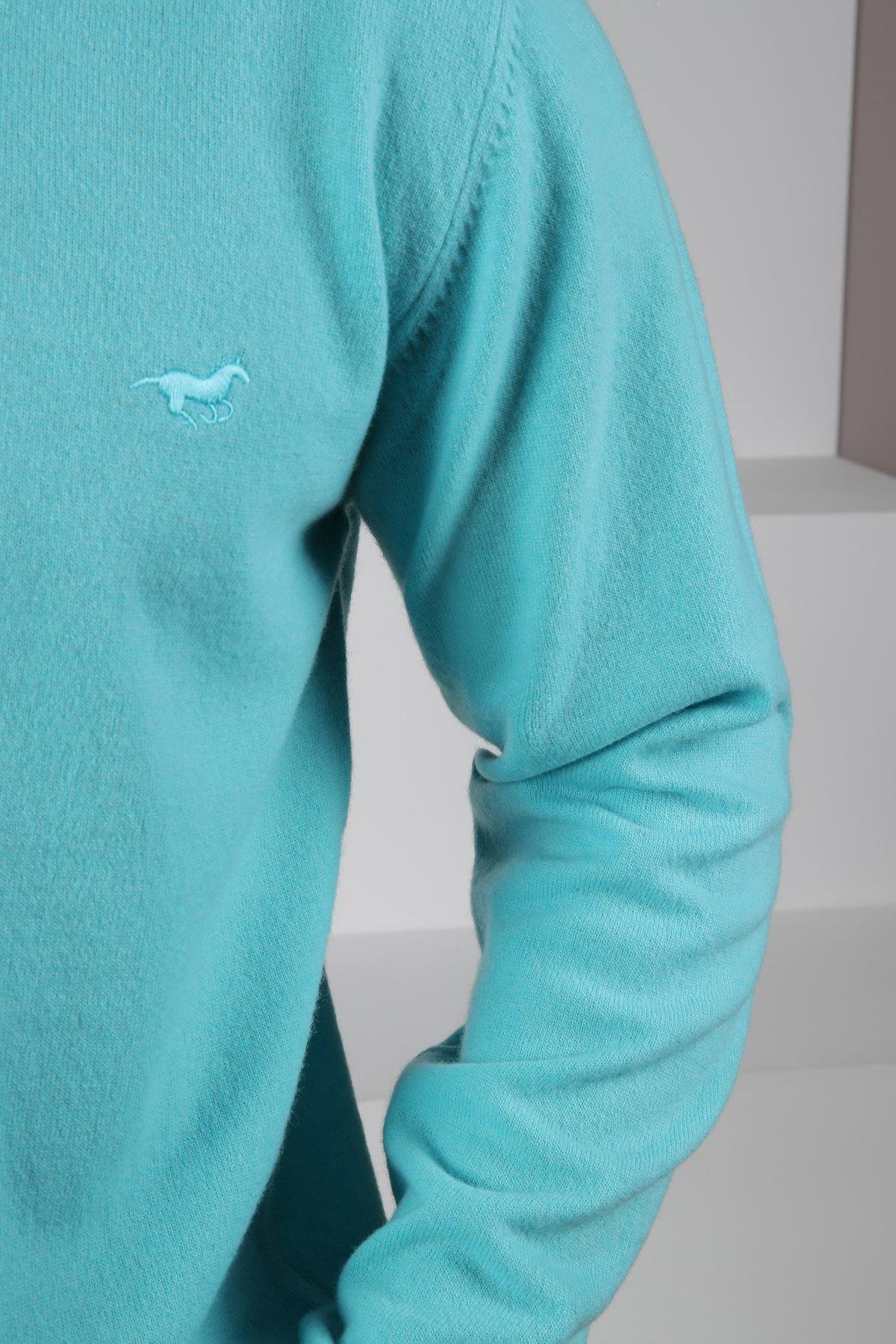 Ferraro Turkuaz Düğmeli Yarım Balıkçı Yaka Uzun Kollu %100 Kuzu Yünü Erkek Triko Kazak