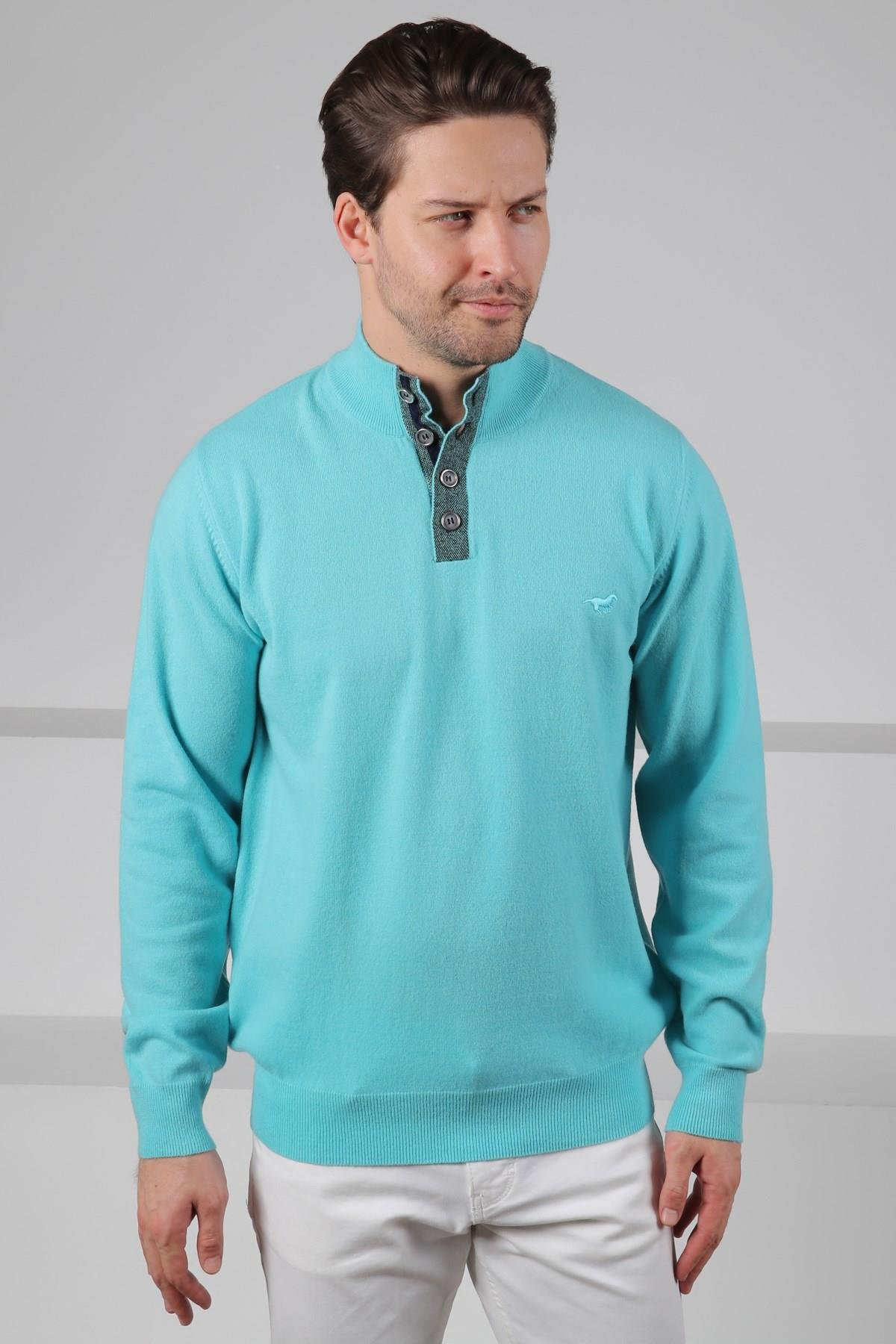 Ferraro Turkuaz Düğmeli Yarım Balıkçı Yaka Uzun Kollu %100 Kuzu Yünü Erkek Triko Kazak