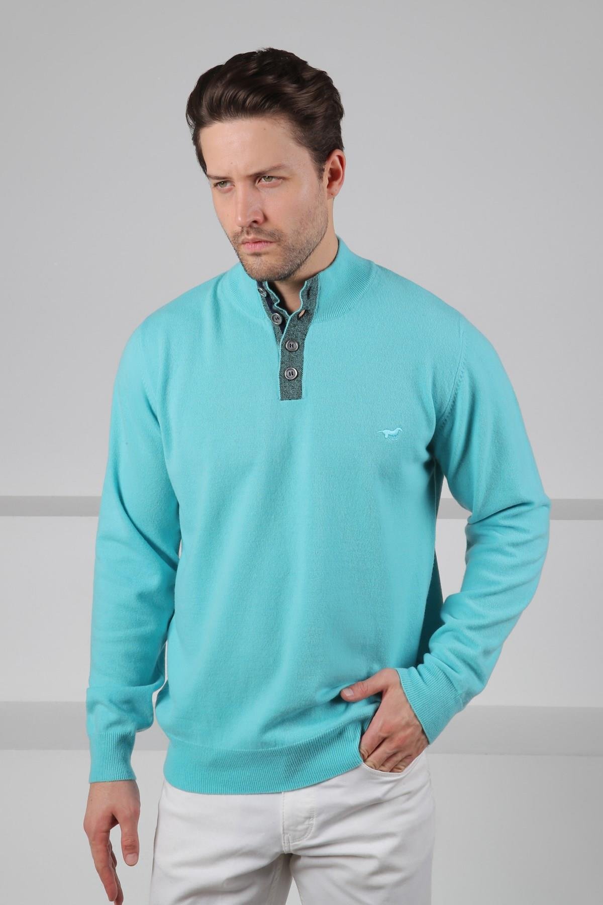 Ferraro Turkuaz Düğmeli Yarım Balıkçı Yaka Uzun Kollu %100 Kuzu Yünü Erkek Triko Kazak