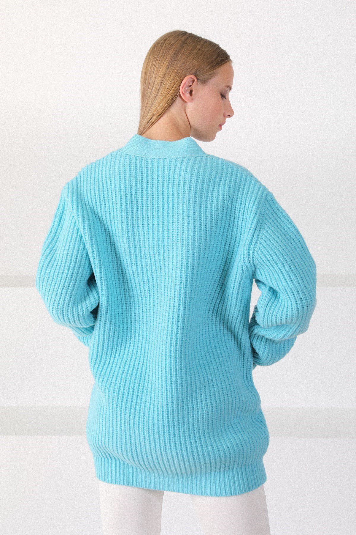 Ferraro Turkuaz Kuzu Yünü Oversize Kadın Triko Hırka