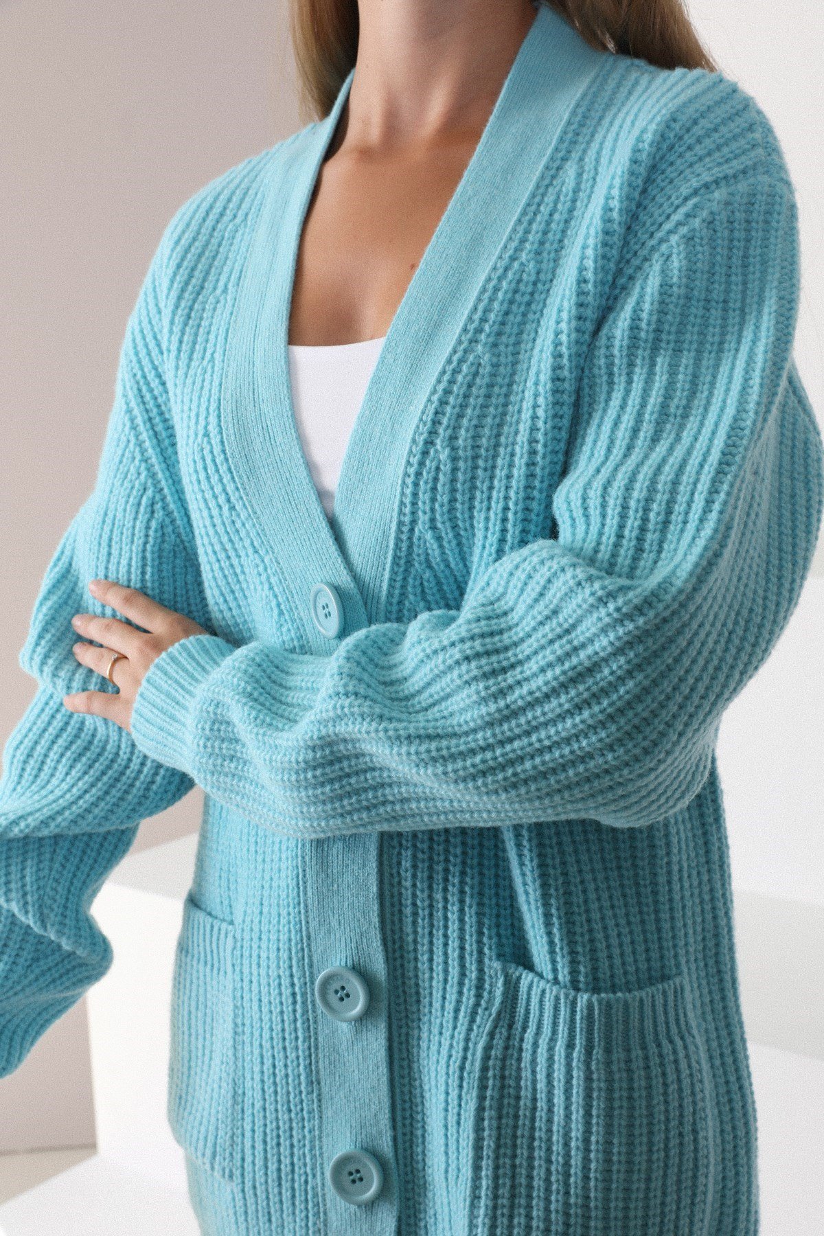 Ferraro Turkuaz Kuzu Yünü Oversize Kadın Triko Hırka