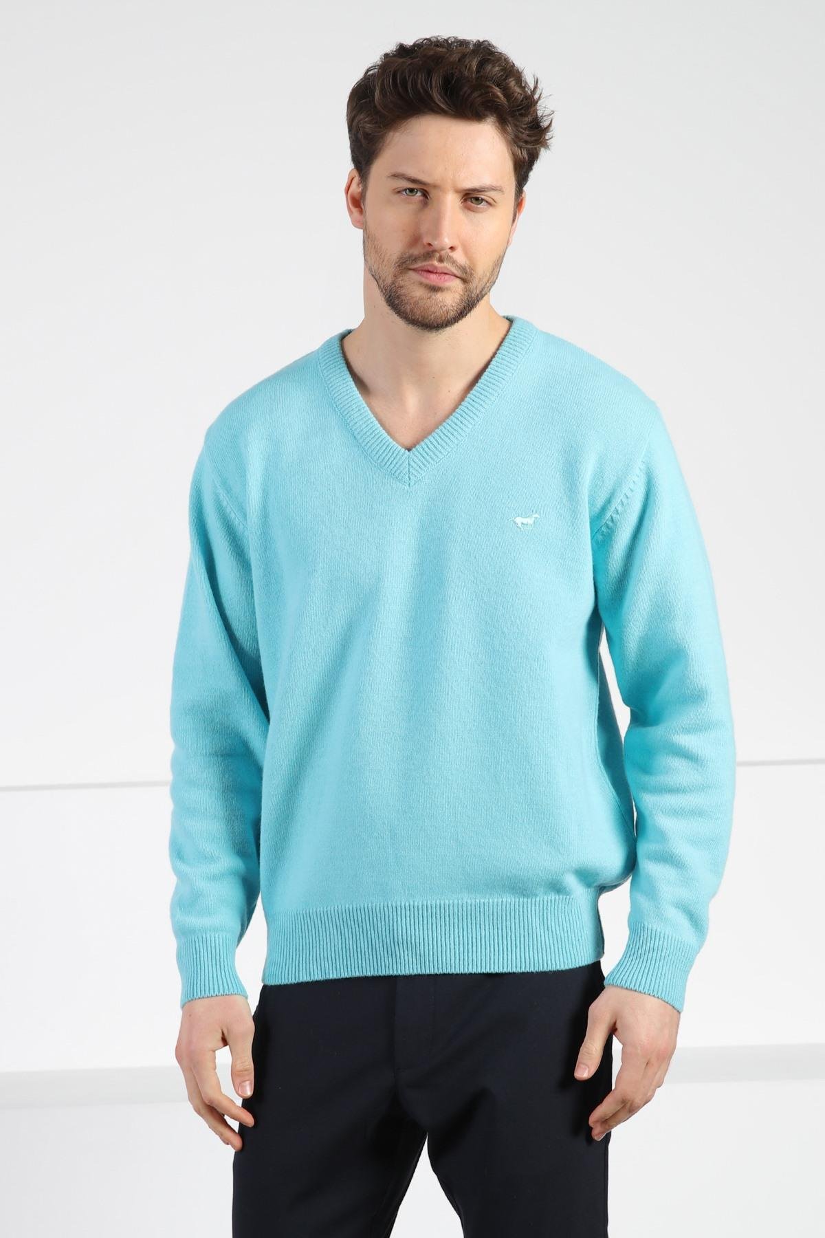 Ferraro Turkuaz V Yaka Erkek Uzun Kollu %100 Kuzu Yünü Triko Kazak