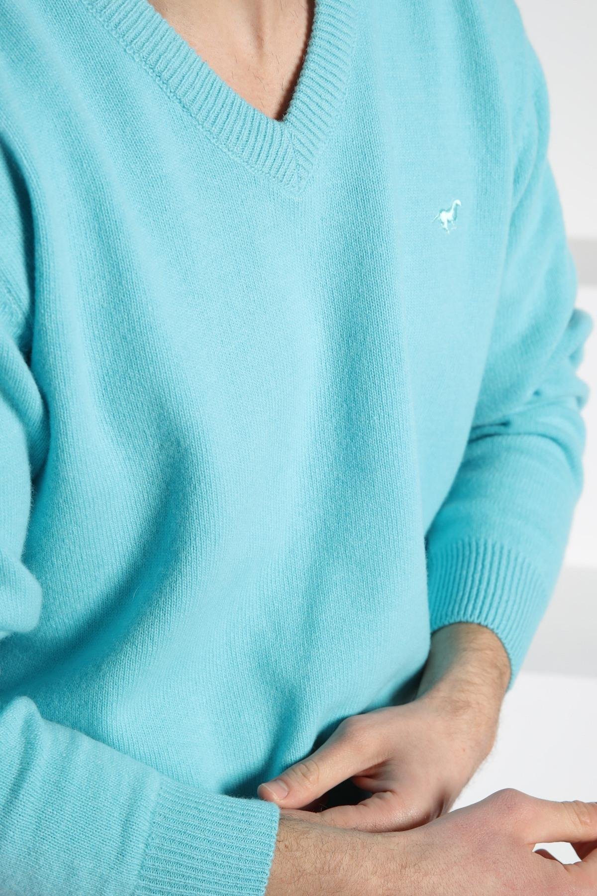 Ferraro Turkuaz V Yaka Erkek Uzun Kollu %100 Kuzu Yünü Triko Kazak