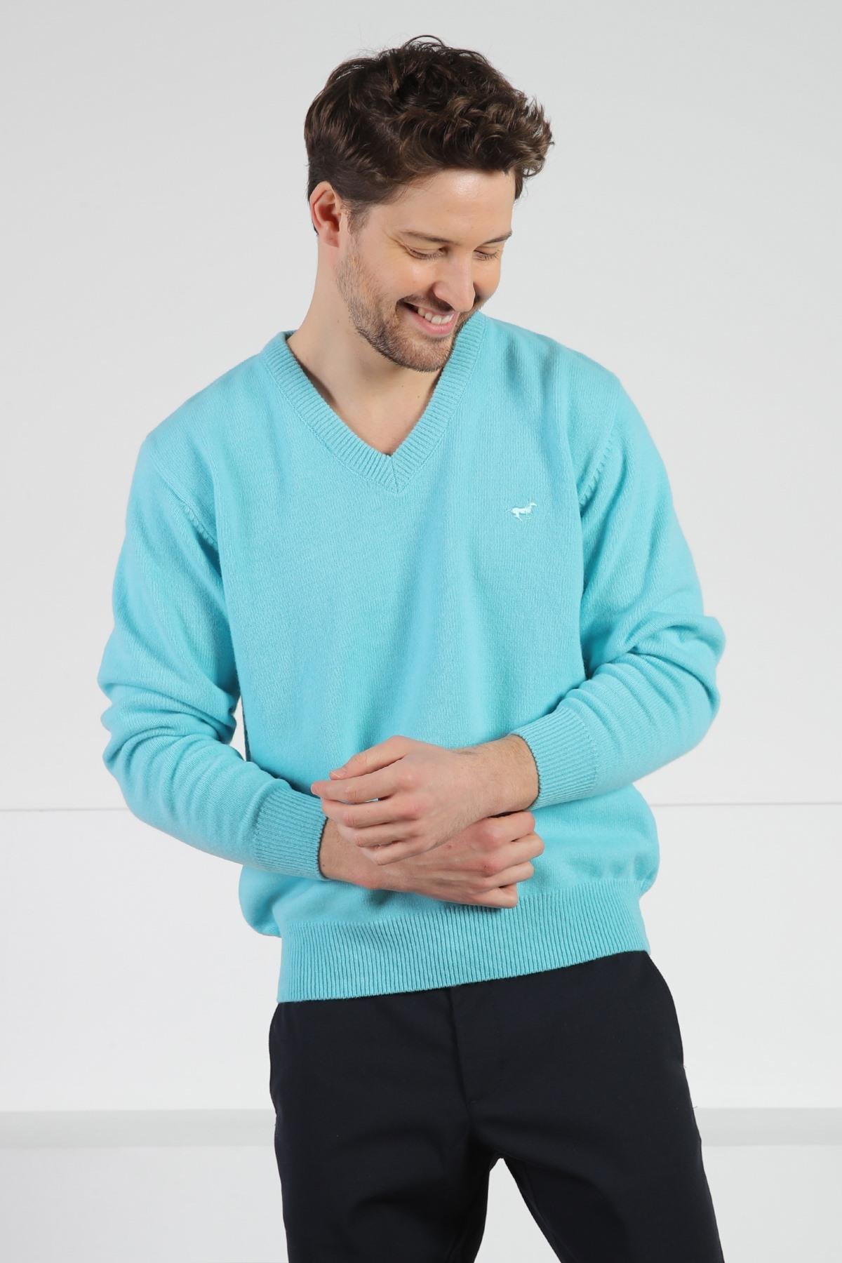 Ferraro Turkuaz V Yaka Erkek Uzun Kollu %100 Kuzu Yünü Triko Kazak