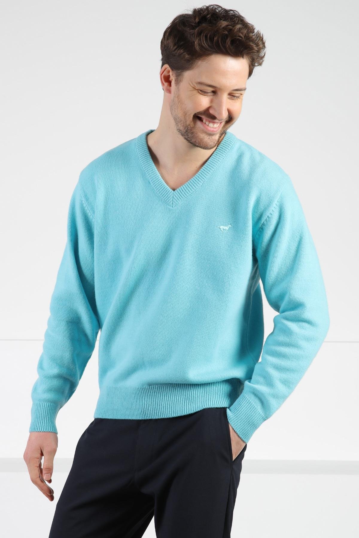 Ferraro Turkuaz V Yaka Erkek Uzun Kollu %100 Kuzu Yünü Triko Kazak