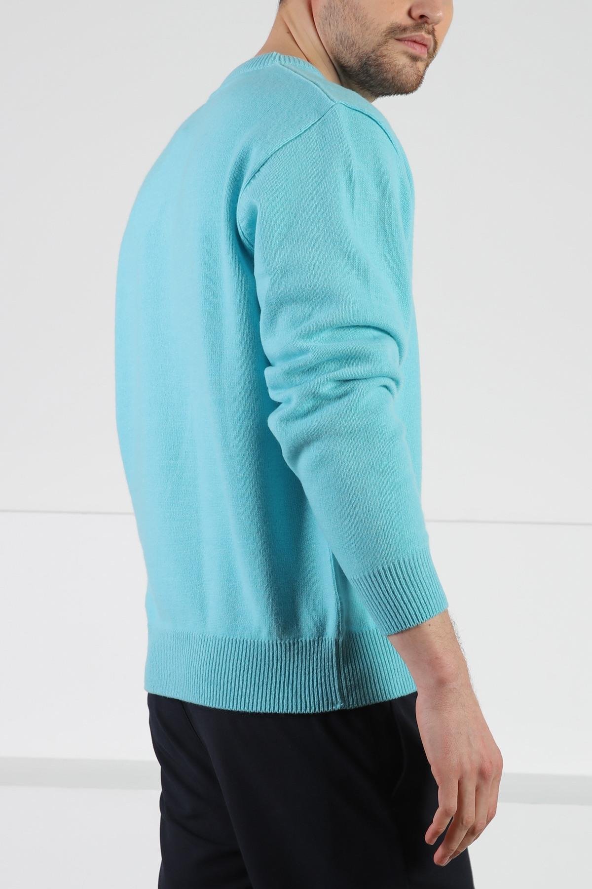 Ferraro Turkuaz V Yaka Erkek Uzun Kollu %100 Kuzu Yünü Triko Kazak
