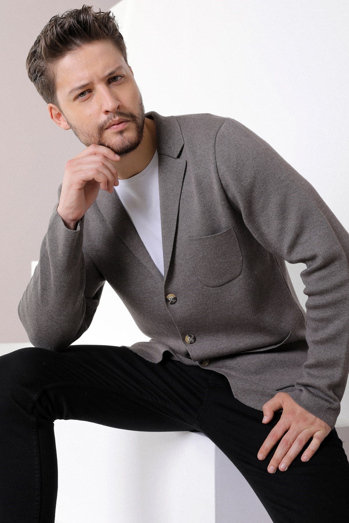 Ferraro Üç Düğmeli İnce Pamuk Triko Ceket - Kahve Melanj