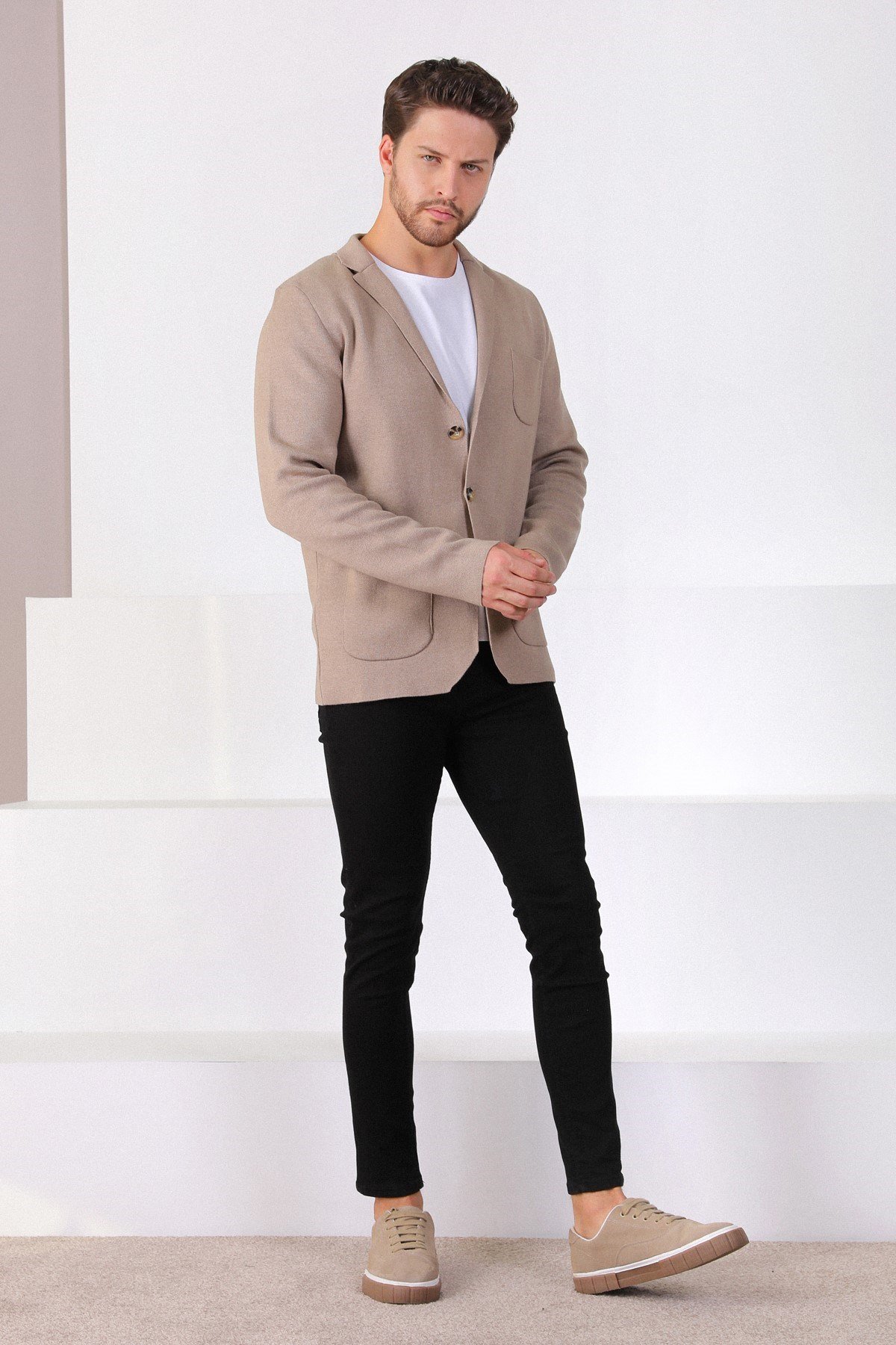 Ferraro Üç Düğmeli İnce Pamuk Triko Ceket - Bej