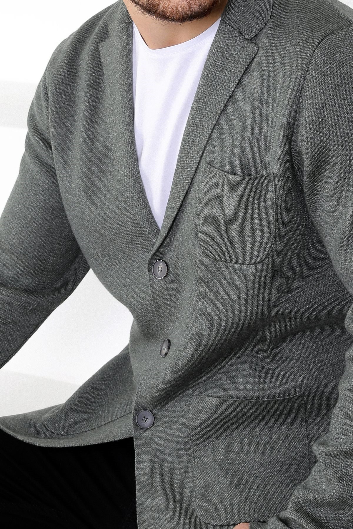 Ferraro Üç Düğmeli İnce Pamuk Triko Ceket - Haki Melanj