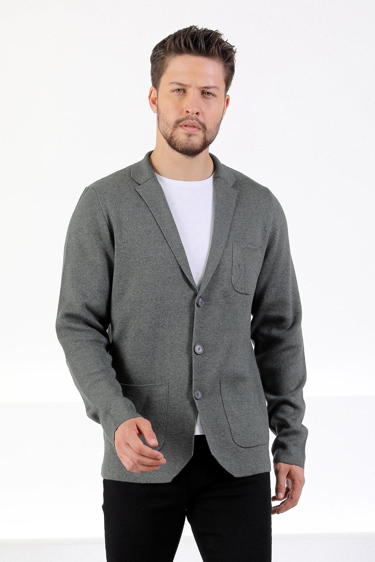 Ferraro Üç Düğmeli İnce Pamuk Triko Ceket - Haki Melanj