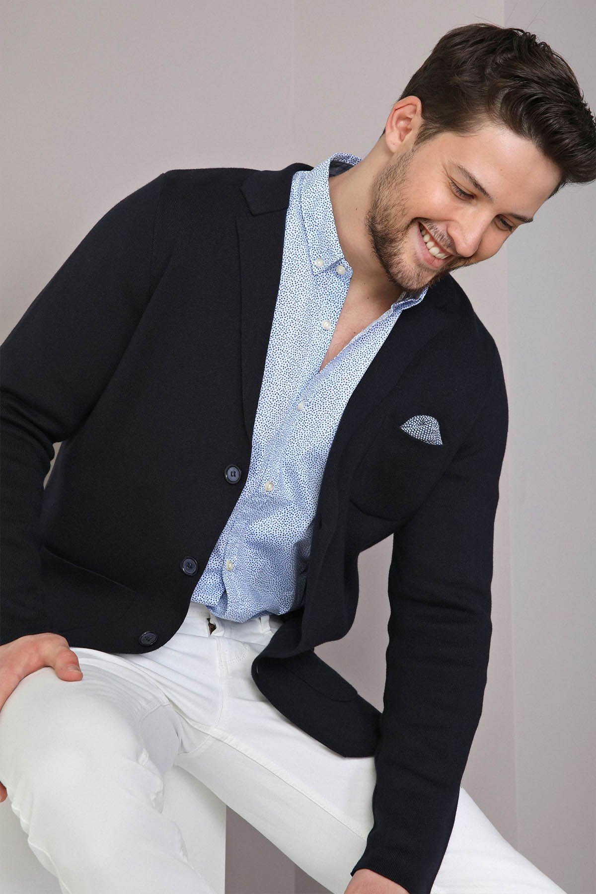 Ferraro Üç Düğmeli İnce Pamuk Triko Ceket - Lacivert