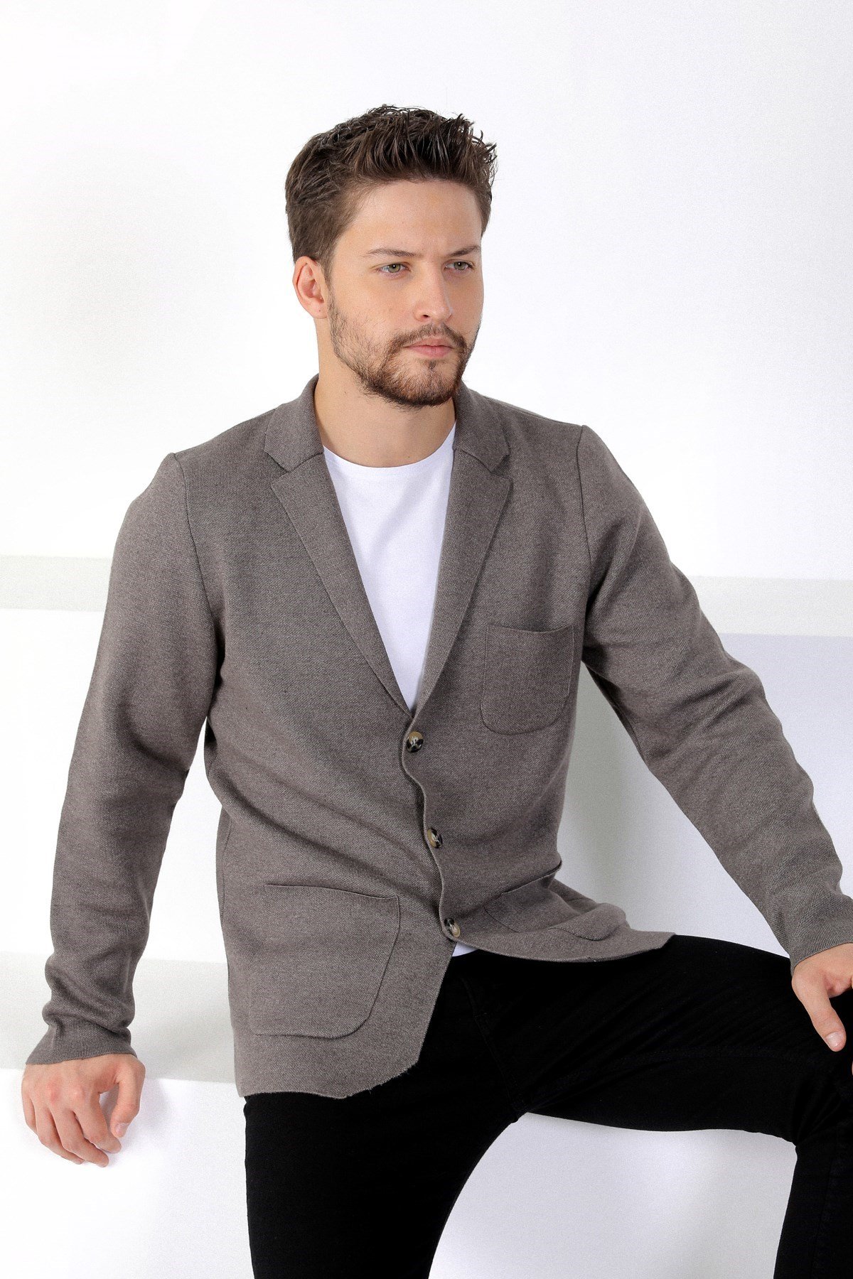 Ferraro Üç Düğmeli İnce Pamuk Triko Ceket - Kahve Melanj