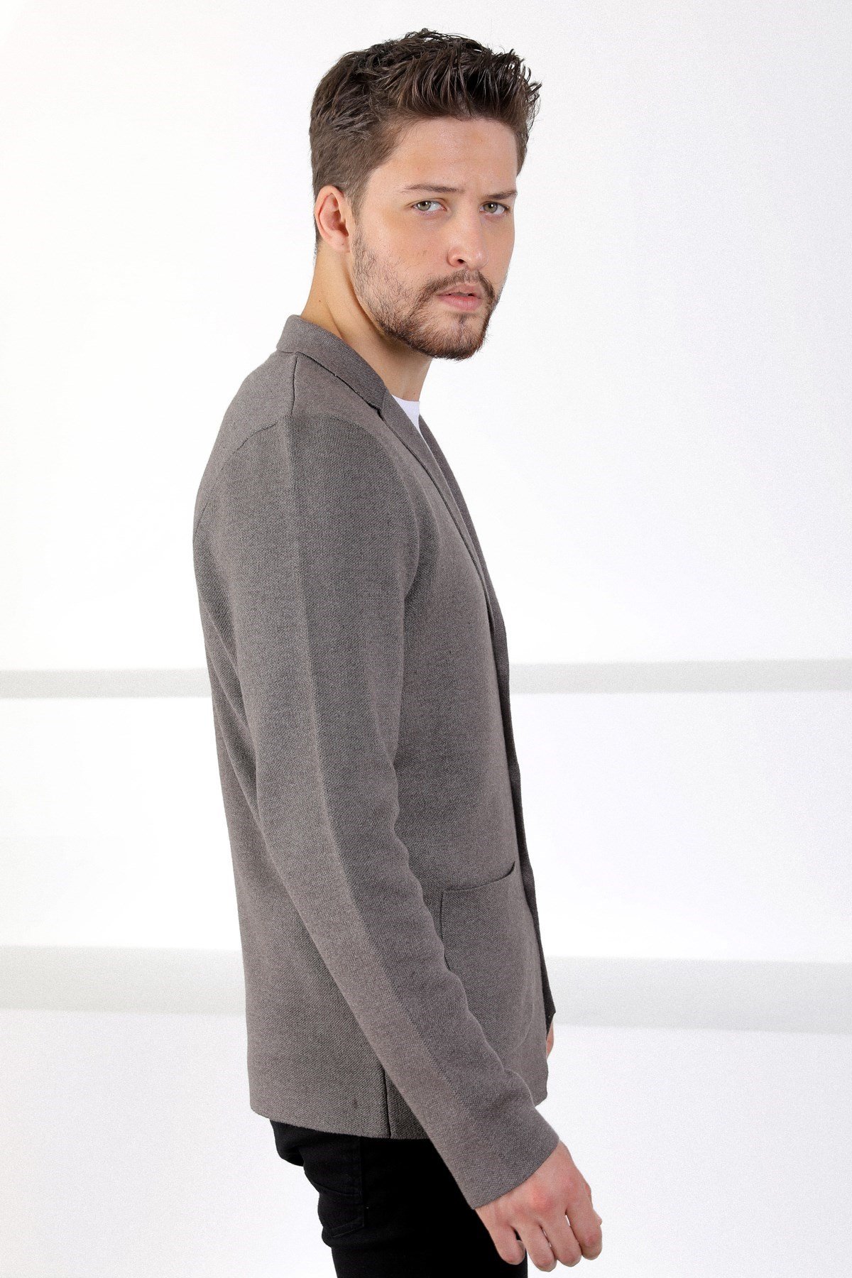 Ferraro Üç Düğmeli İnce Pamuk Triko Ceket - Kahve Melanj