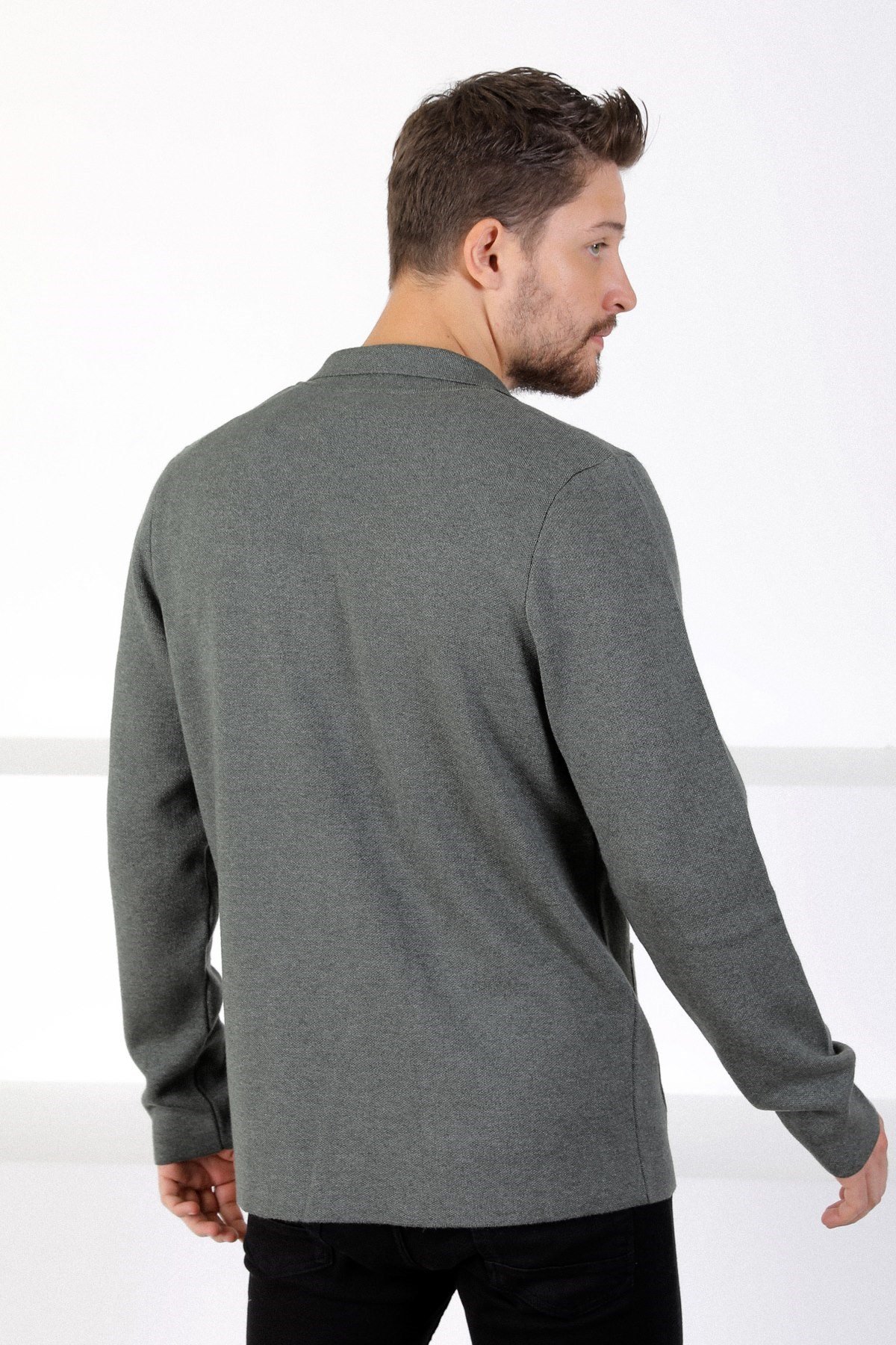 Ferraro Üç Düğmeli İnce Pamuk Triko Ceket - Haki Melanj